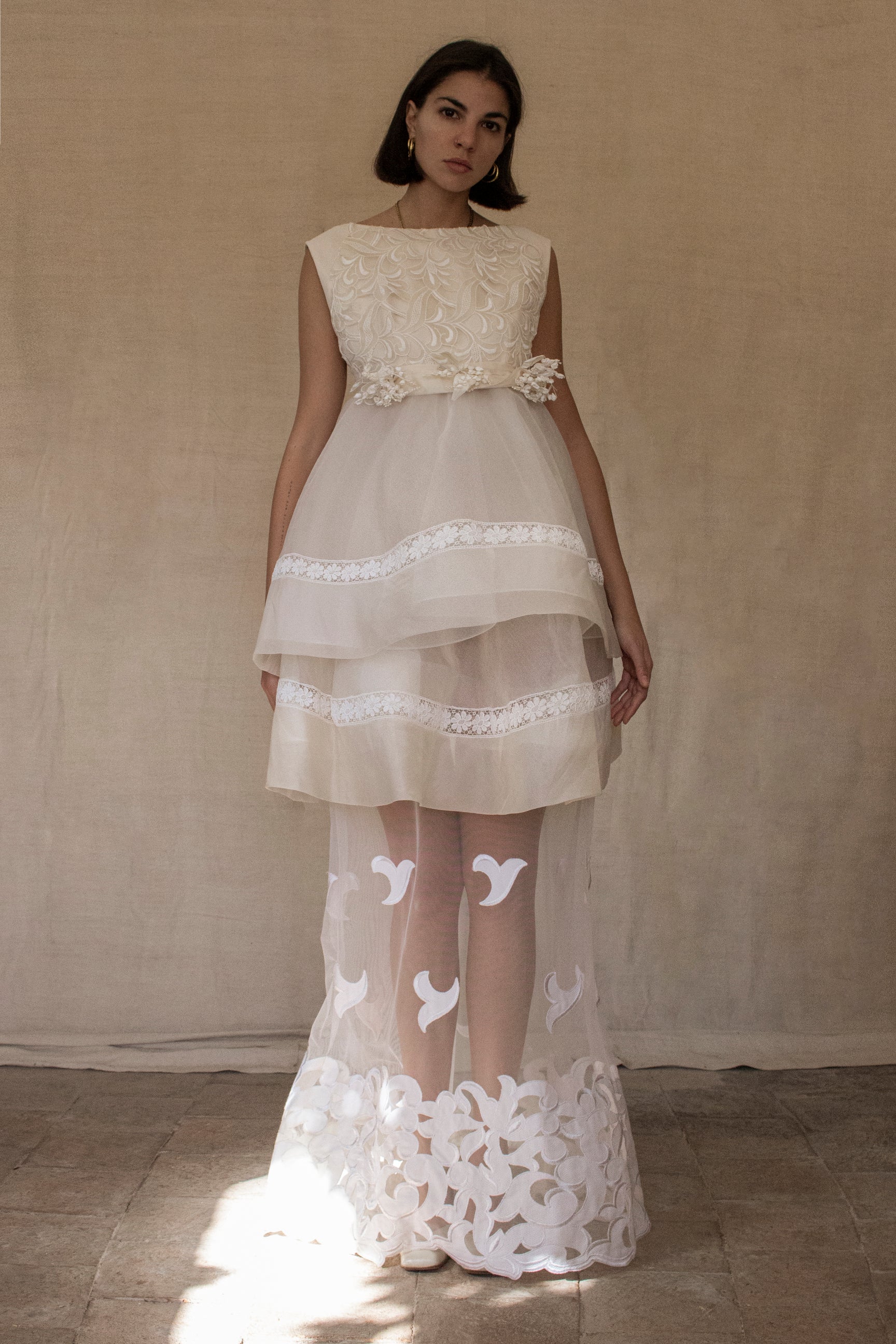 315 - UNIQUE MULTILAYER FLORAL BRIDAL GOWN: 1940S PEPLUM & UPCYCLED MULTI-ERA VINTAGE LACE DRESS