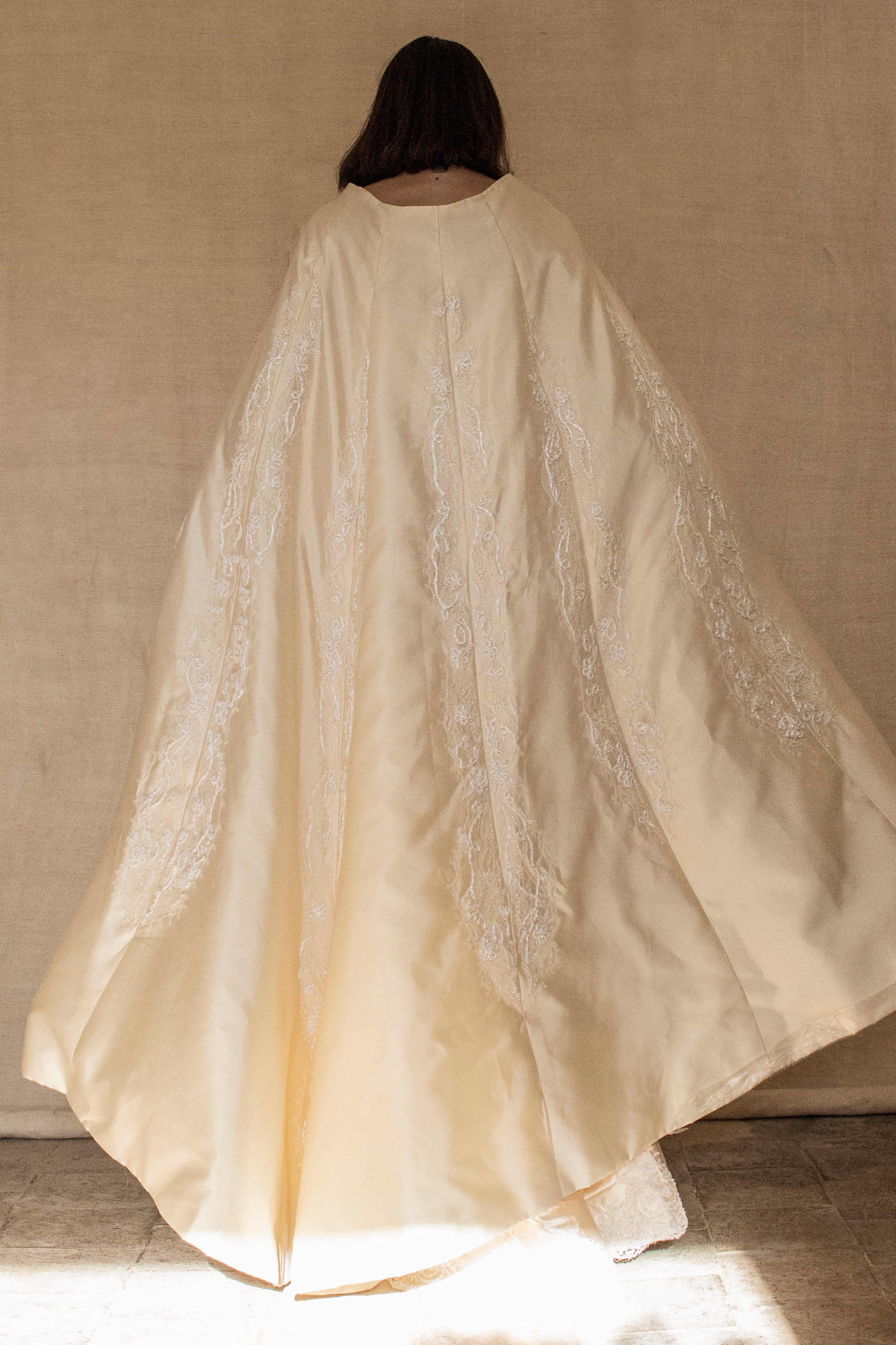 334 - IVORY SILK MIKADO VINTAGE WEDDING DRESS: COLUMN GOWN WITH EMBROIDERED CAPE & CRYSTALS