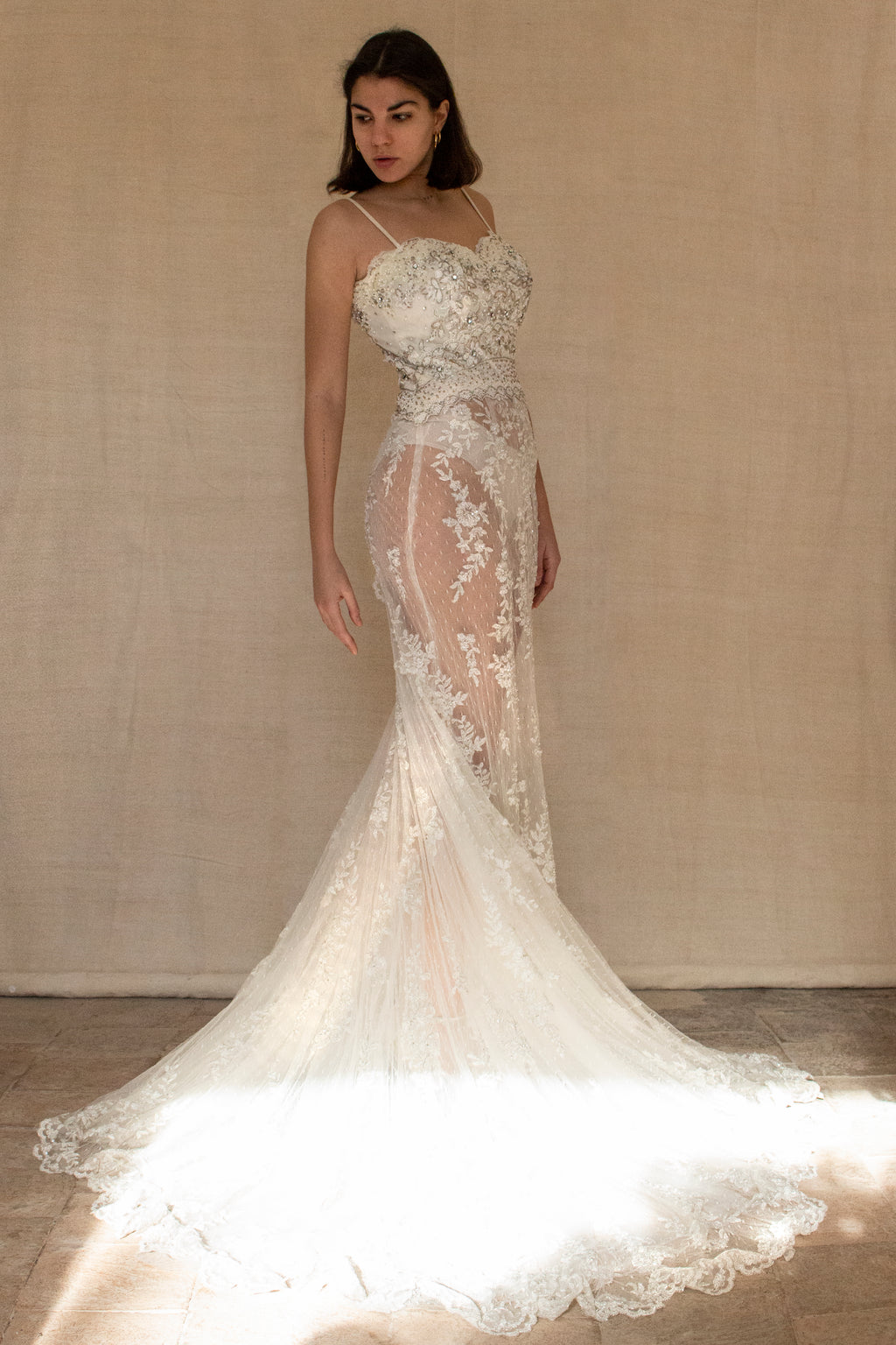 239 - VINTAGE OFF-WHITE MERMAID SWAROVSKI WEDDING DRESS: GOWN WITH NUDE POLKA DOT TULLE & SILVER FLORAL EMBROIDERY