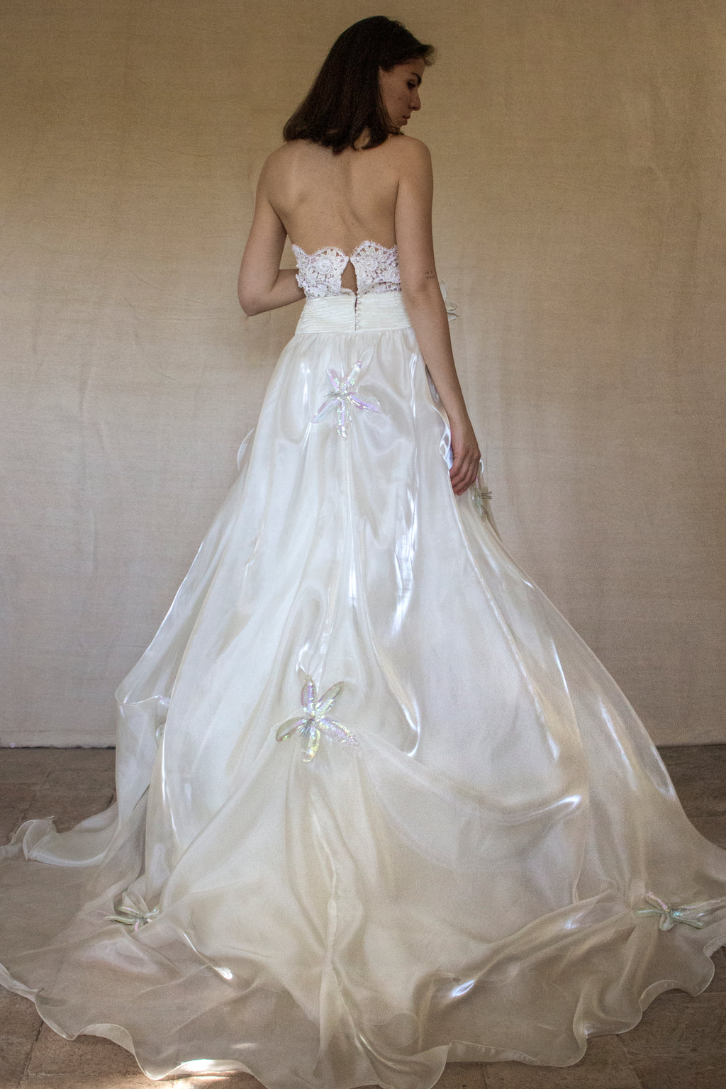 352 - UNIQUE 80S VINTAGE UPCYCLED WEDDING DRESS: EMPIRE WAIST SILK BRIDAL GOWN WITH IRIDESCENT ORGANZA & SEQUIN MAXI FLOWERS - Vague atelier