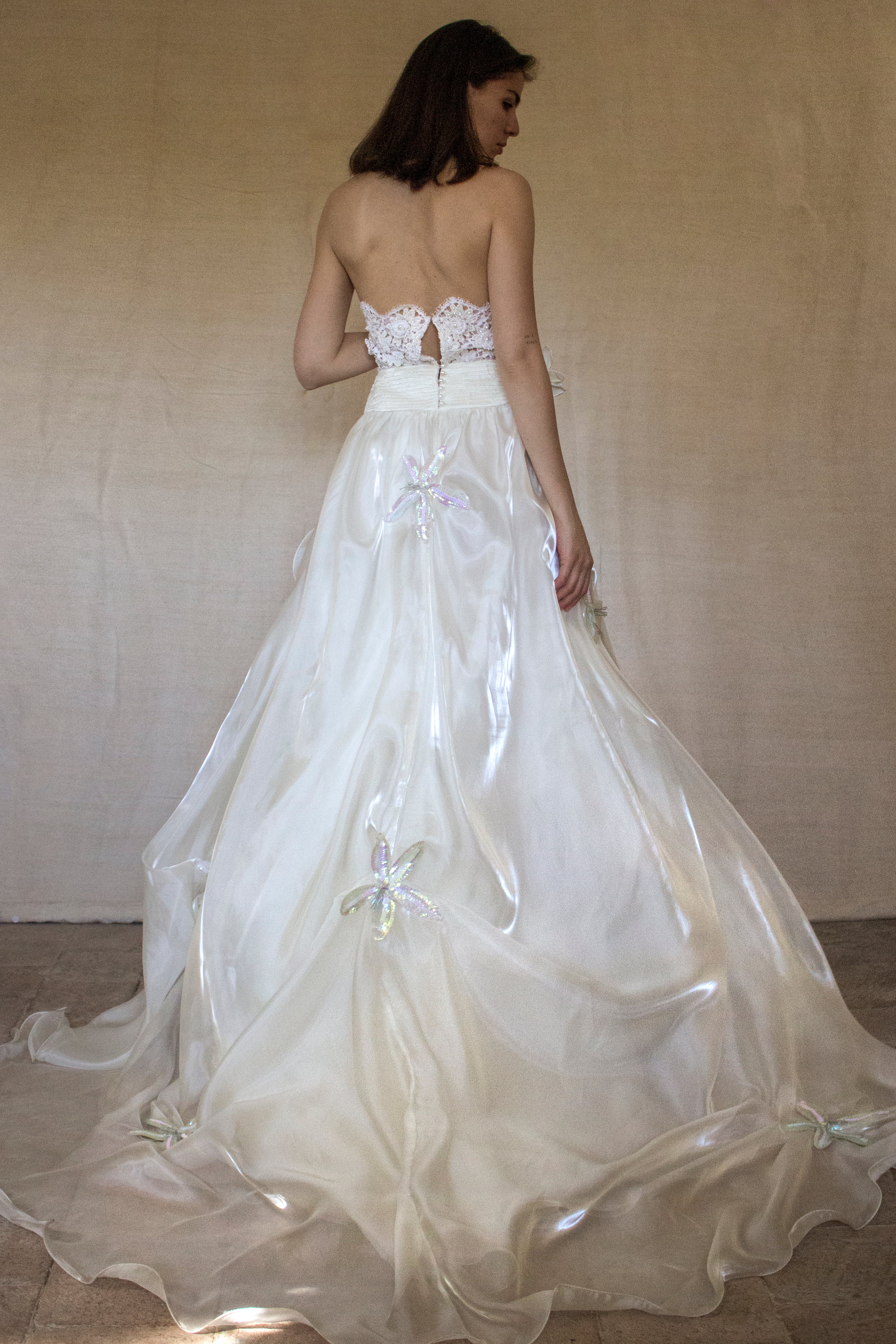 352 - UNIQUE 80S VINTAGE UPCYCLED WEDDING DRESS: EMPIRE WAIST SILK BRIDAL GOWN WITH IRIDESCENT ORGANZA & SEQUIN MAXI FLOWERS - Vague atelier