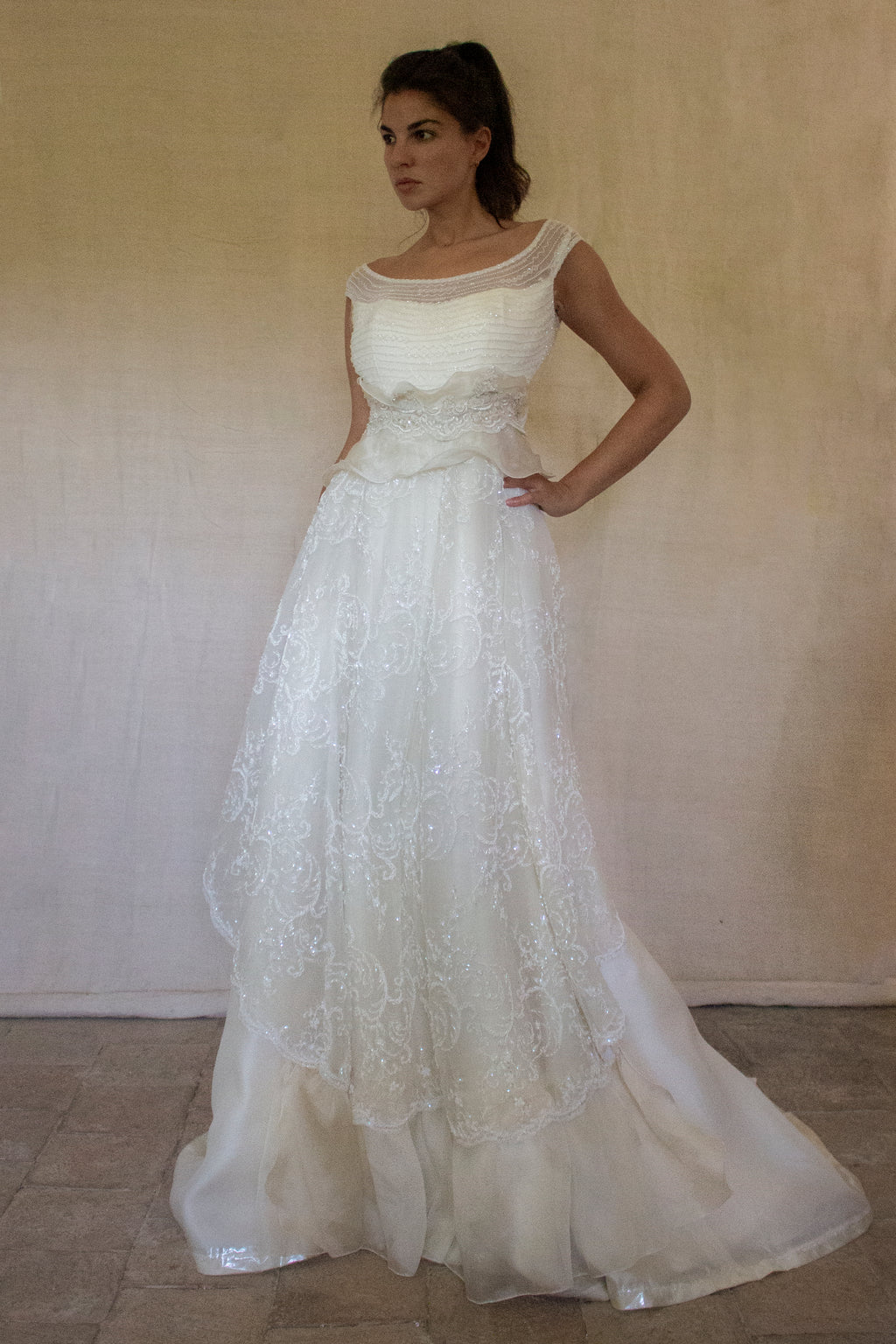 Vintage 90s A-Line Wedding Dress | Embroidered Silk Organza Bridal Gown - 367