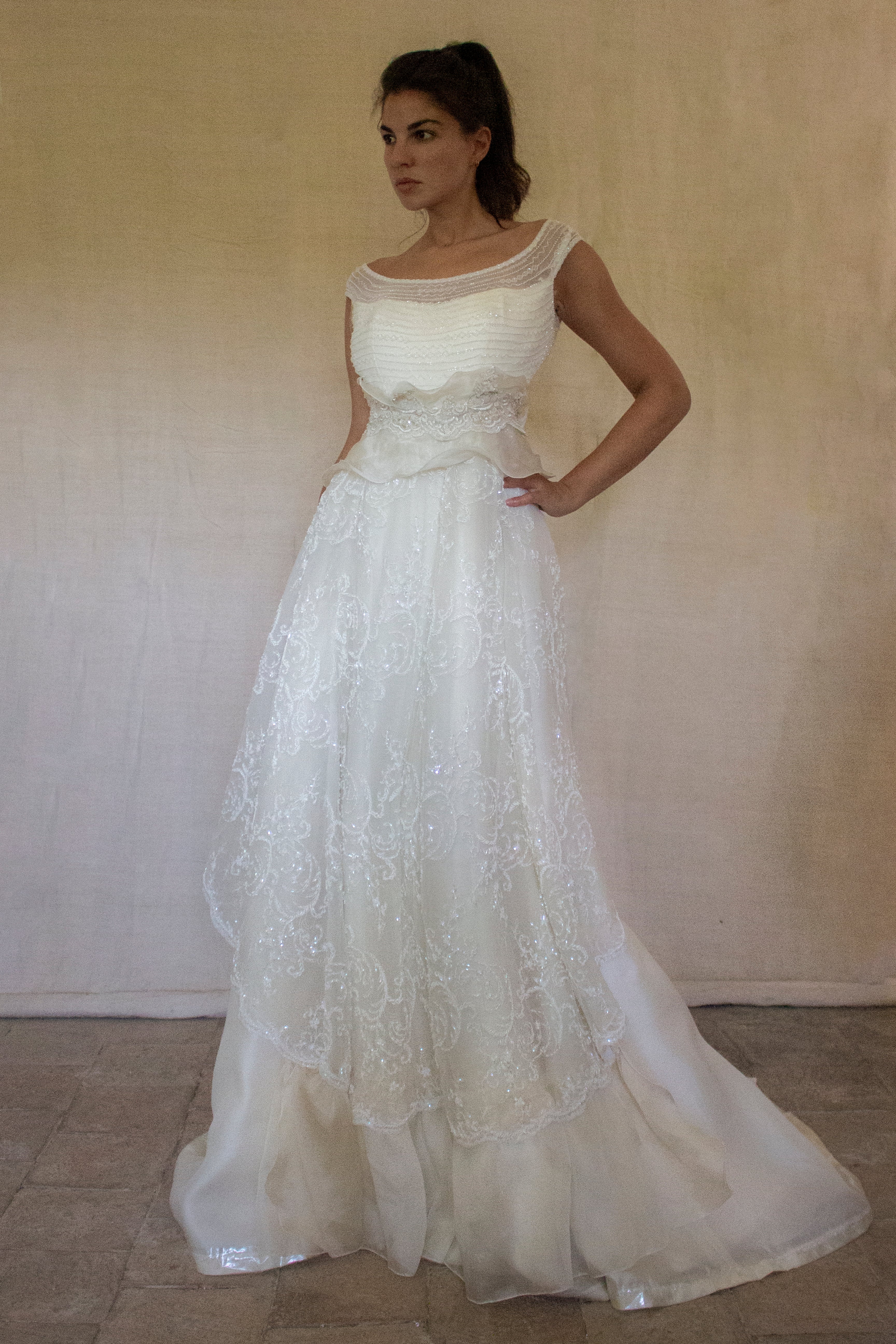 Vintage 90s A-Line Wedding Dress | Embroidered Silk Organza Bridal Gown - 367
