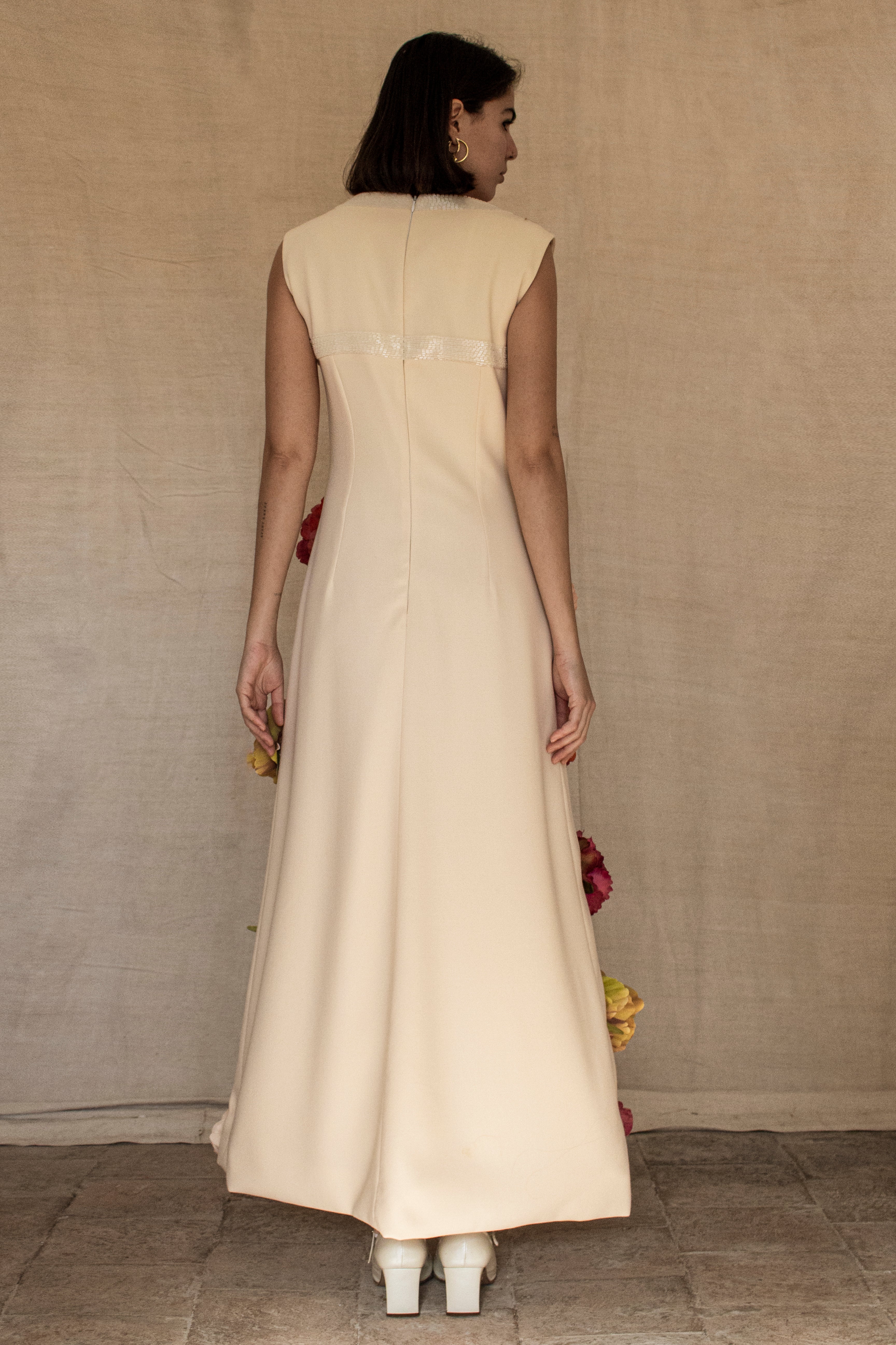 326 - SUSTAINABLE VINTAGE BRIDAL SET: WOOL CREPE DRESS & JACKET WITH COLORFUL PEONIES