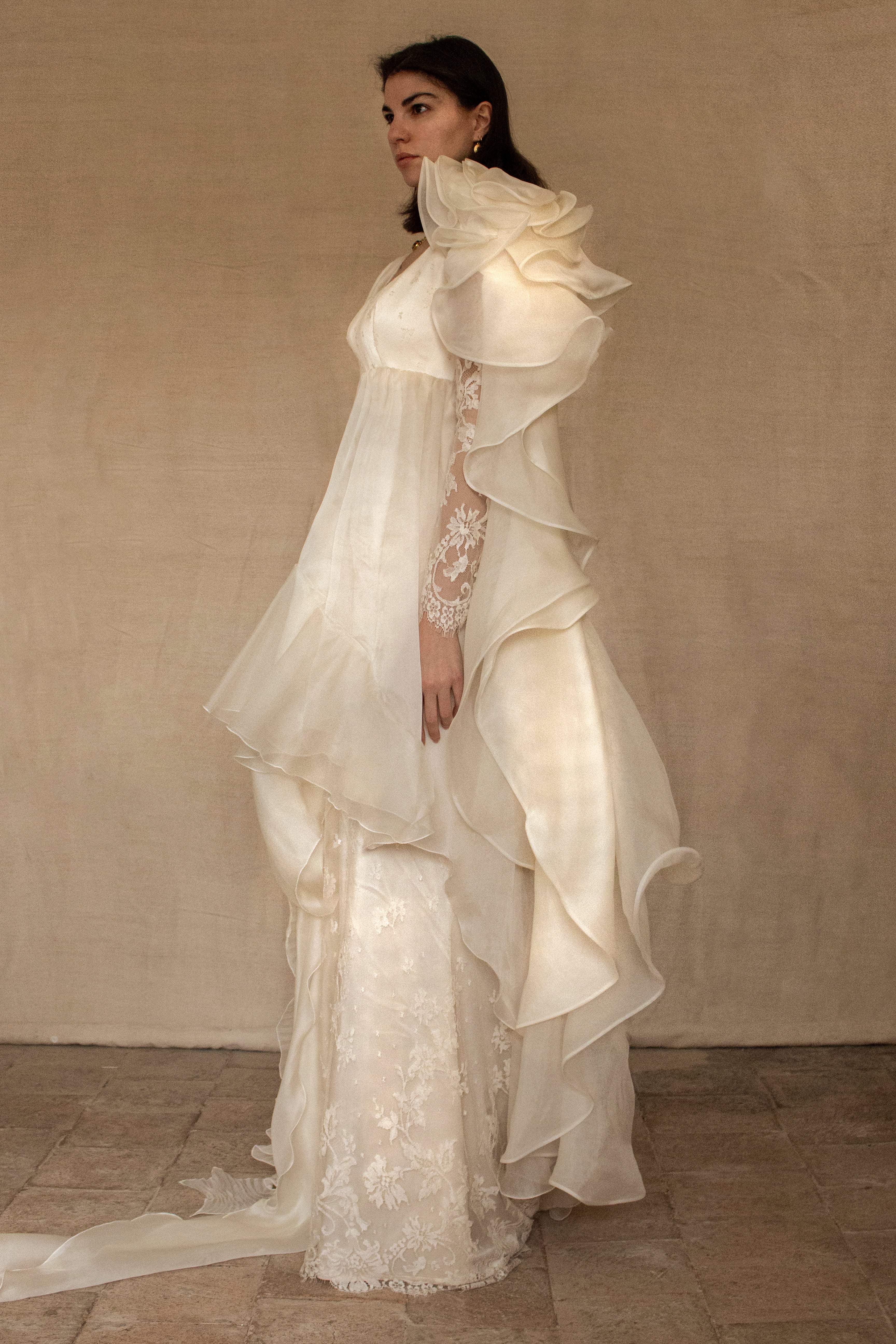 340 - OFF-WHITE SILK ORGANZA & ECRU LACE UPCYCLED WEDDING DRESS: UNIQUE EMPIRE GOWN WITH PLEATED WINGS