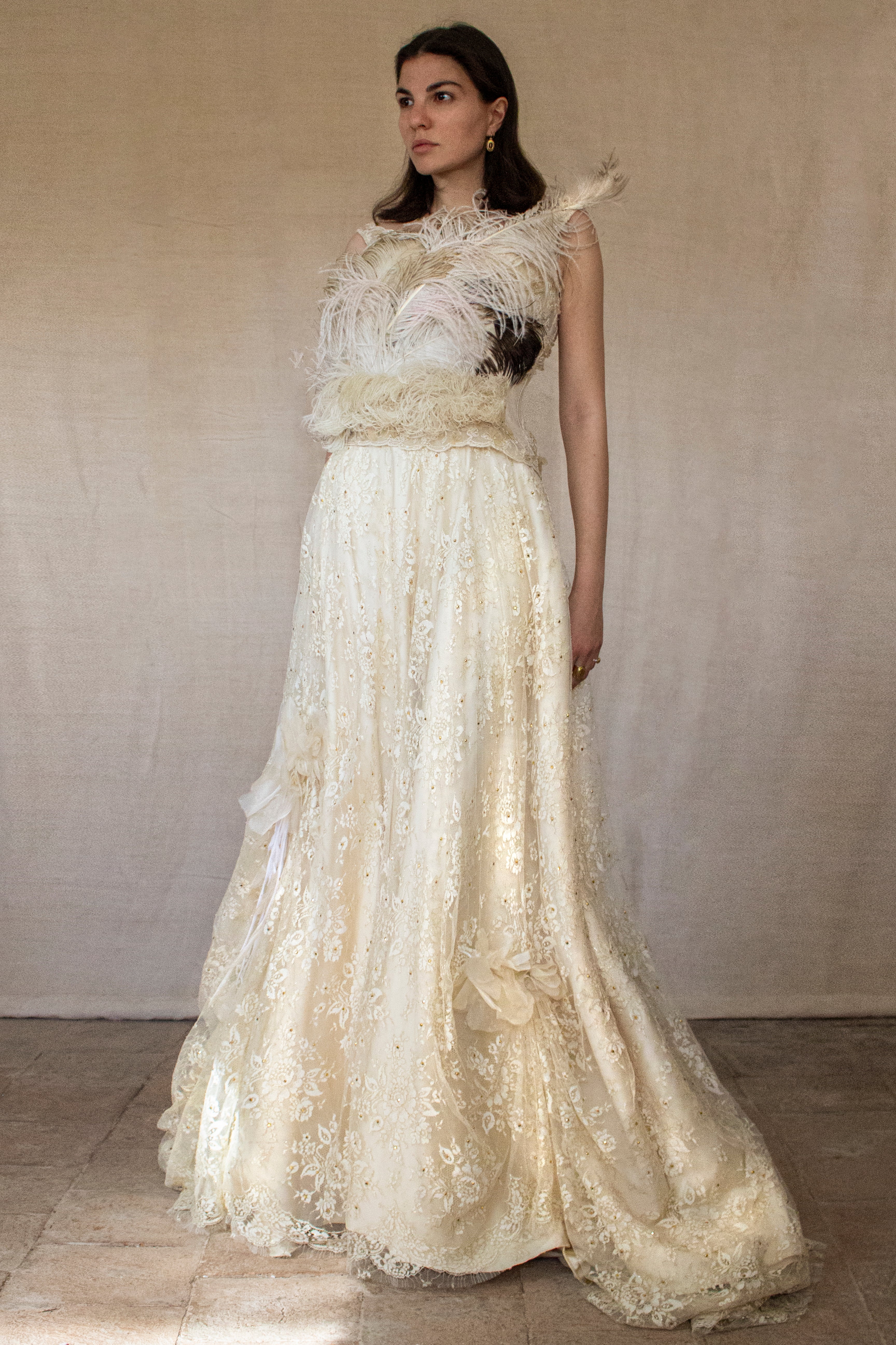 349 - UNIQUE VINTAGE TWO-PIECE WEDDING DRESS: GOLD LACE A-LINE SKIRT & BUSTIER WITH ANTIQUE FEATHERS, 90S LUXURY BRIDAL ENSEMBLE, BOHO ROMANTIC