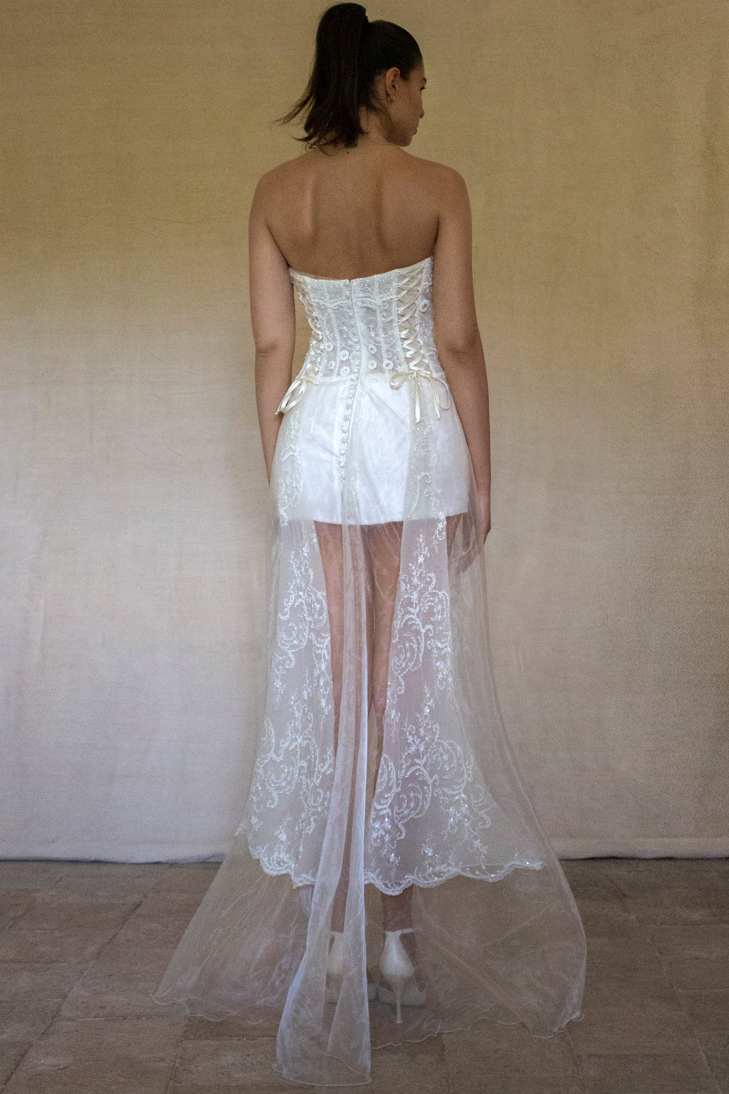 365 - VINTAGE 90s UPCYCLED EMBROIDERED WEDDING DRESS: STRAPLESS WRAP GOWN WITH IRIDESCENT DRAMA CAPE