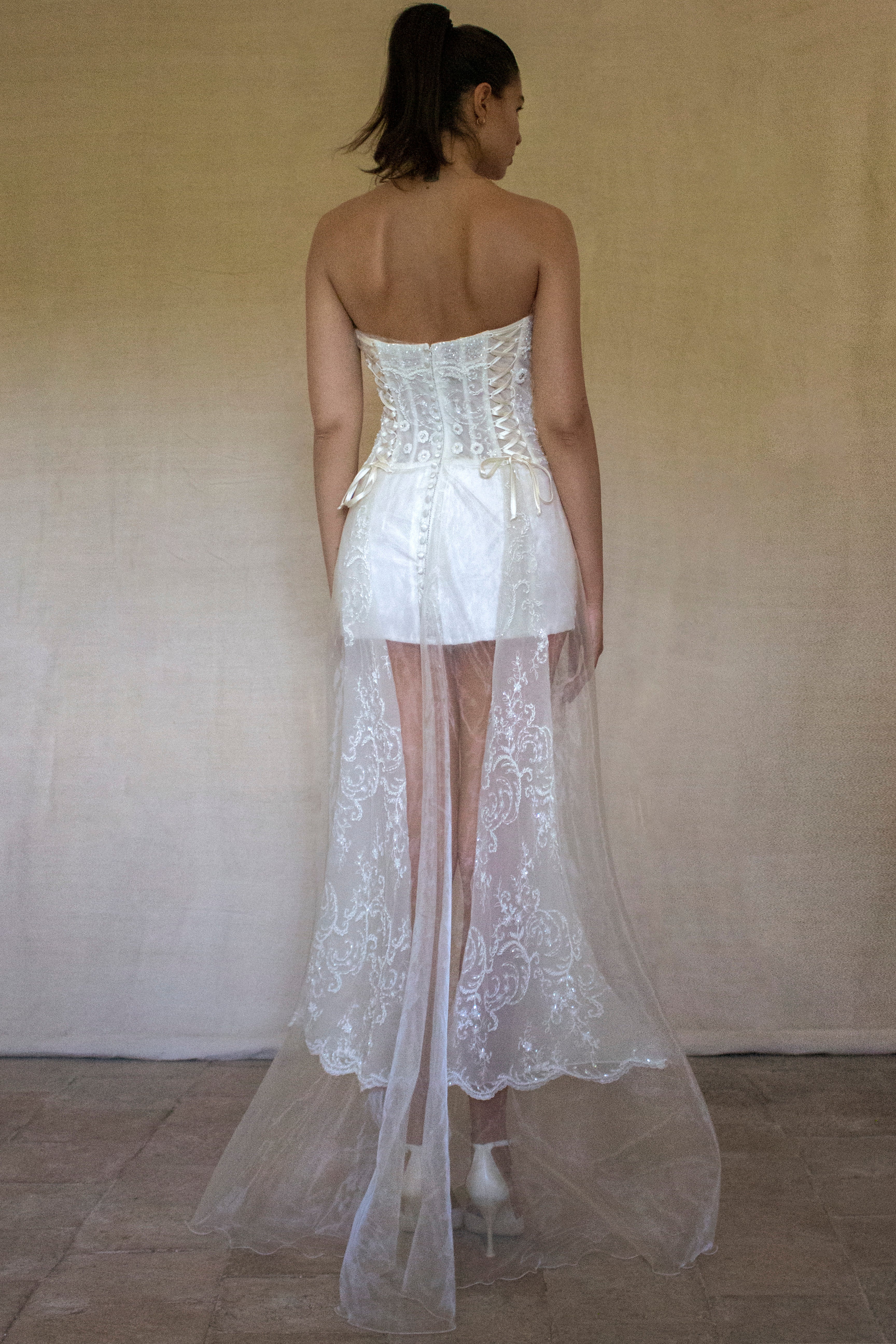 365 - VINTAGE 90s UPCYCLED EMBROIDERED WEDDING DRESS: STRAPLESS WRAP GOWN WITH IRIDESCENT DRAMA CAPE