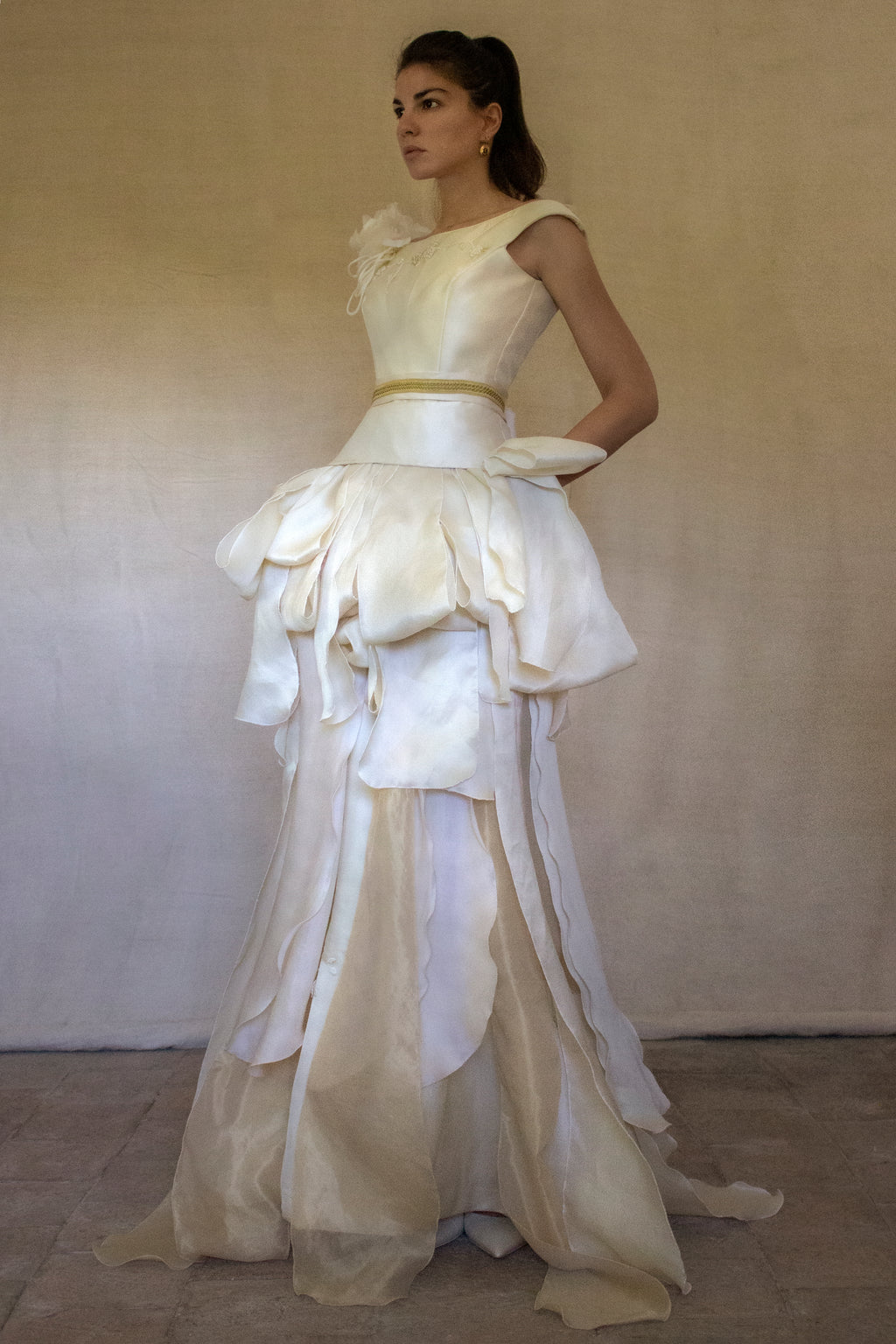 357 - VINTAGE 90s UPCYCLED SILK ORGANZA WEDDING DRESS: EMBROIDERED GOWN WITH HANDMADE FRINGE
