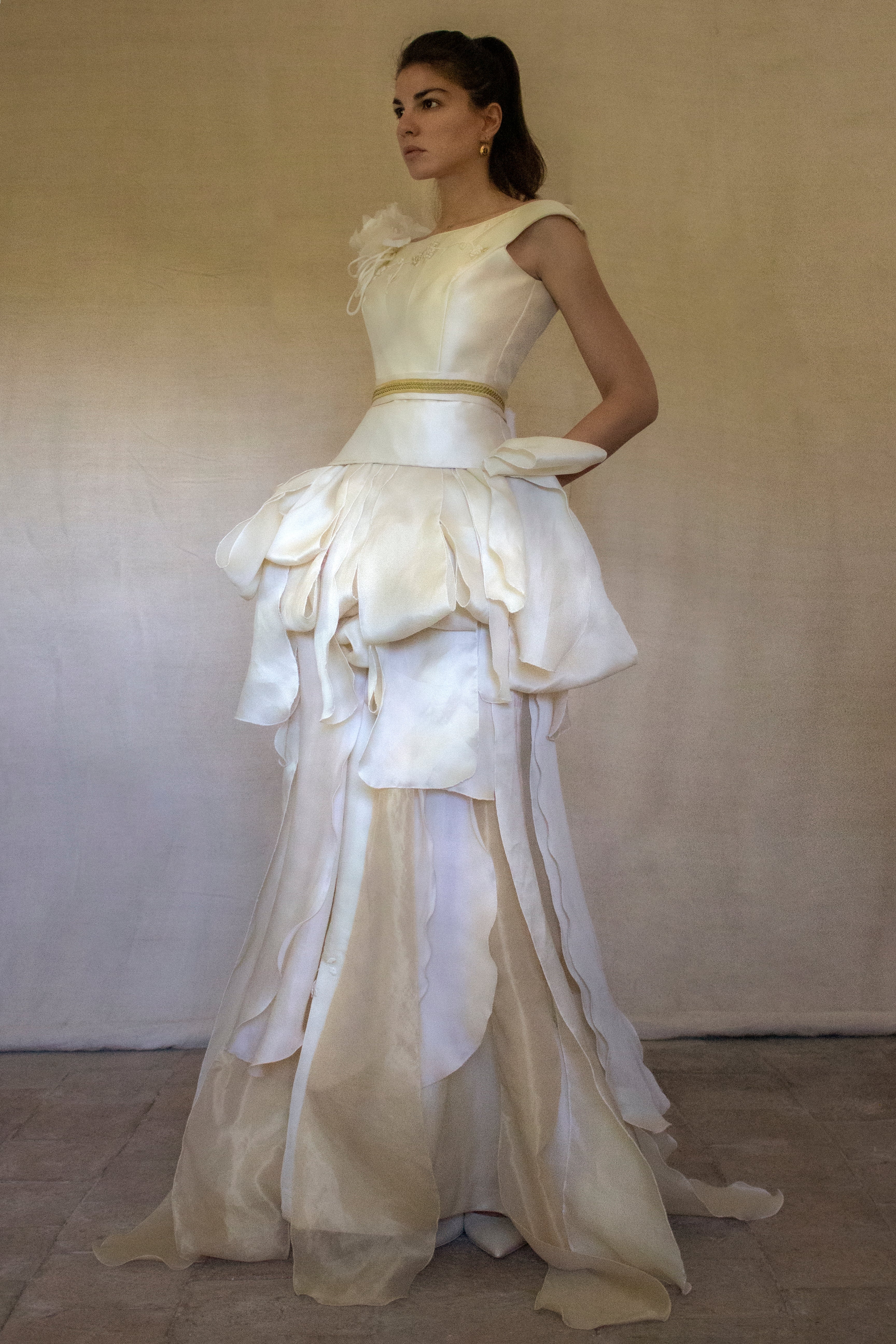 357 - VINTAGE 90s UPCYCLED SILK ORGANZA WEDDING DRESS: EMBROIDERED GOWN WITH HANDMADE FRINGE