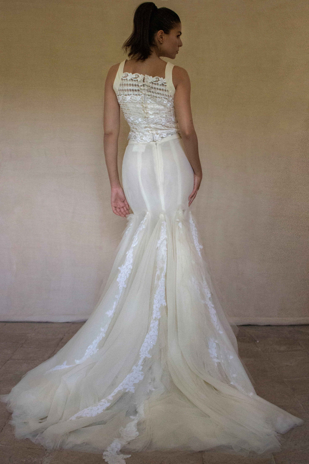 364 - VINTAGE 90s UPCYCLED TULLE AND MACRAME WEDDING DRESS: 2-PIECE ROMANTIC GOWN WITH FLOREAL LACE