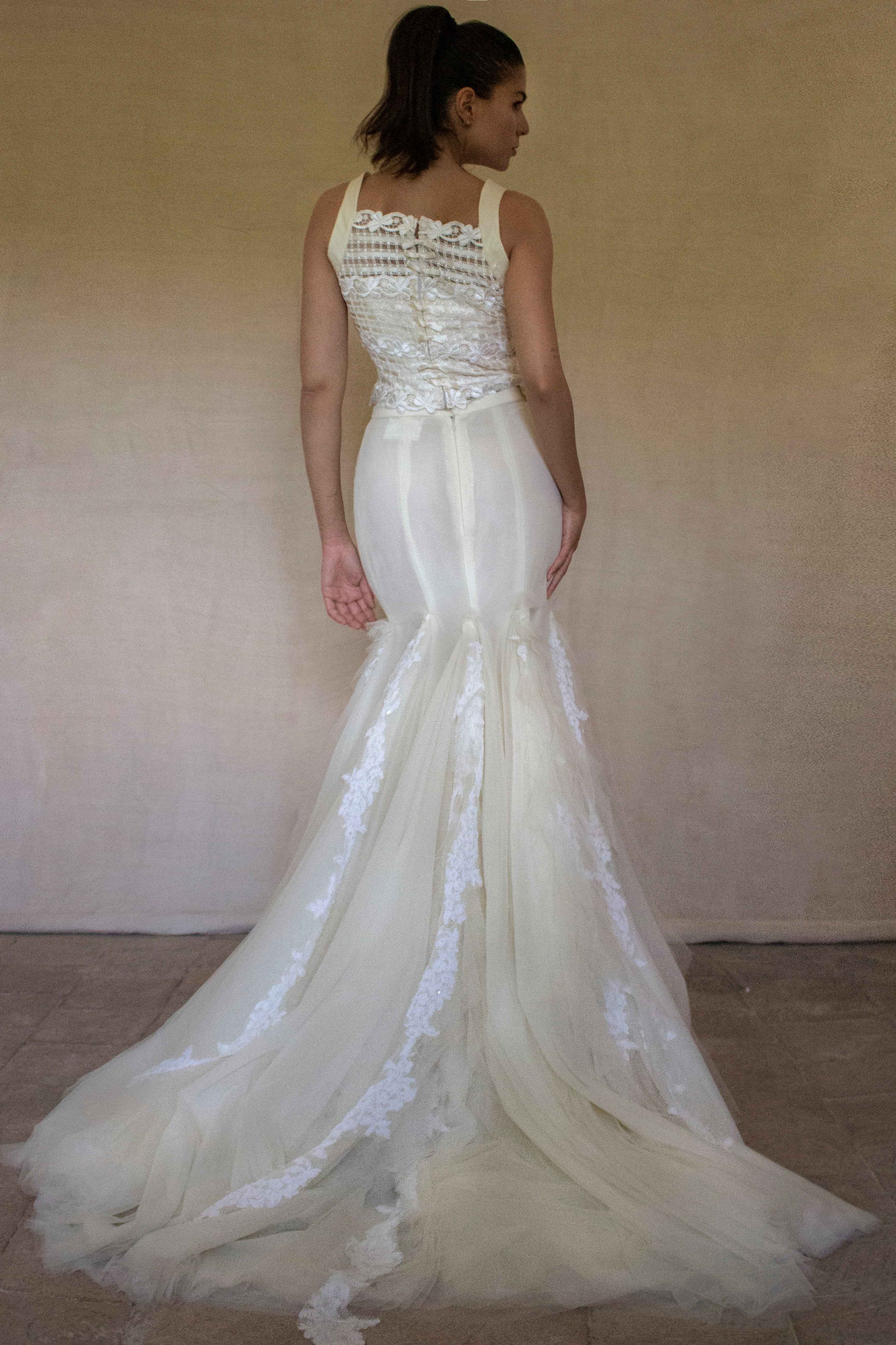 364 - VINTAGE 90s UPCYCLED TULLE AND MACRAME WEDDING DRESS: 2-PIECE ROMANTIC GOWN WITH FLOREAL LACE