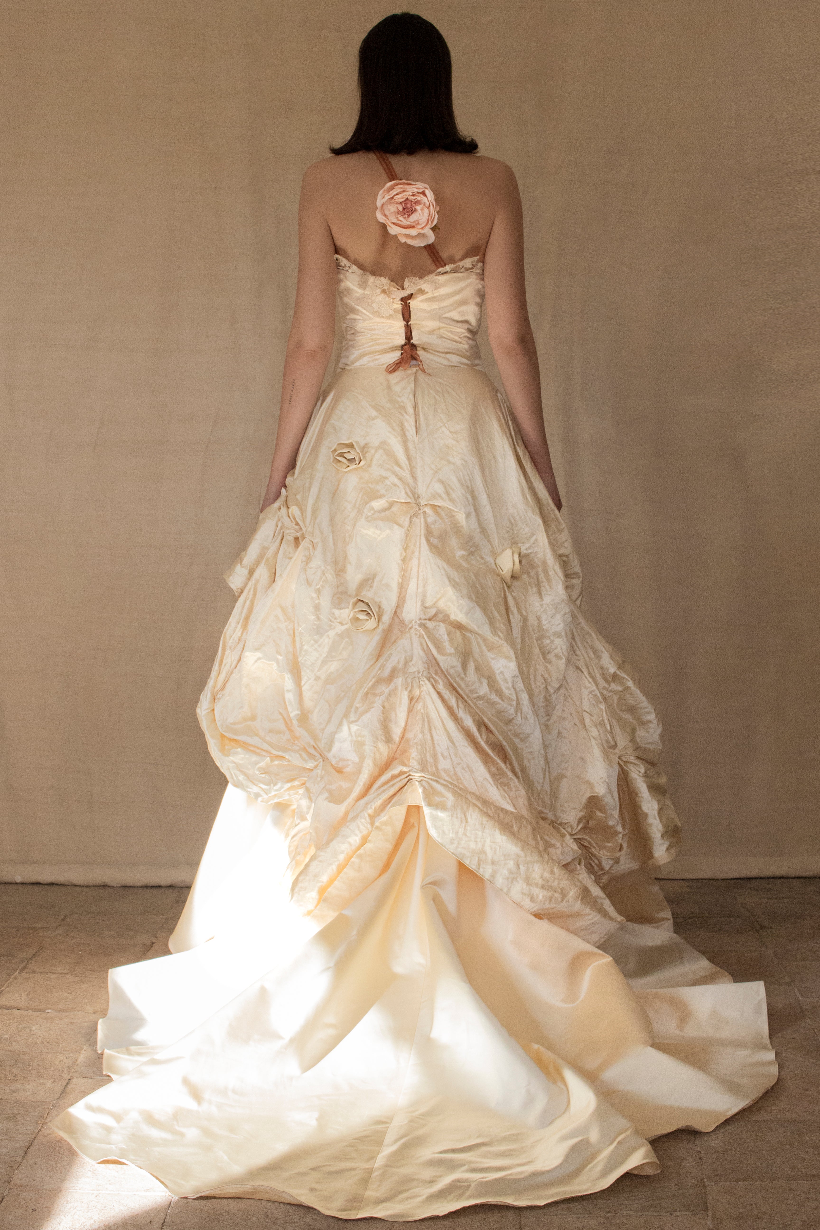 348 - UNIQUE UPCYCLED SILK MERMAID WEDDING DRESS: 90S CREAM TAFFETA GOWN WITH PINK PEONIES, EMBOSSED FLORAL DETAILS & BOHO ROMANTIC STYLE