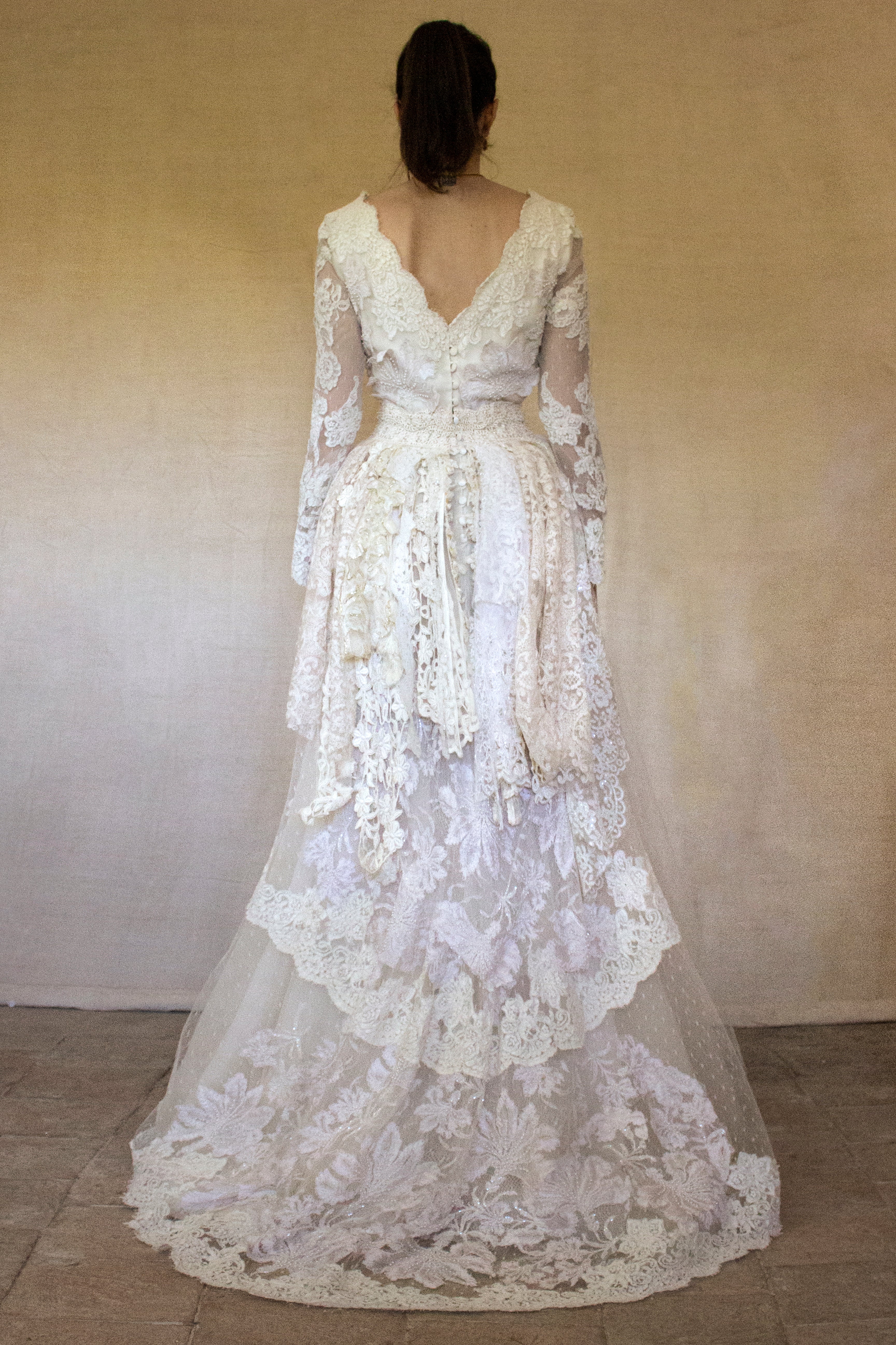 356 - VINTAGE 90s UPCYCLED LACE WEDDING DRESS: IVORY GOWN WITH POLKA DOT TULLE & ANTIQUE MACRAME DETAILS - Vague atelier