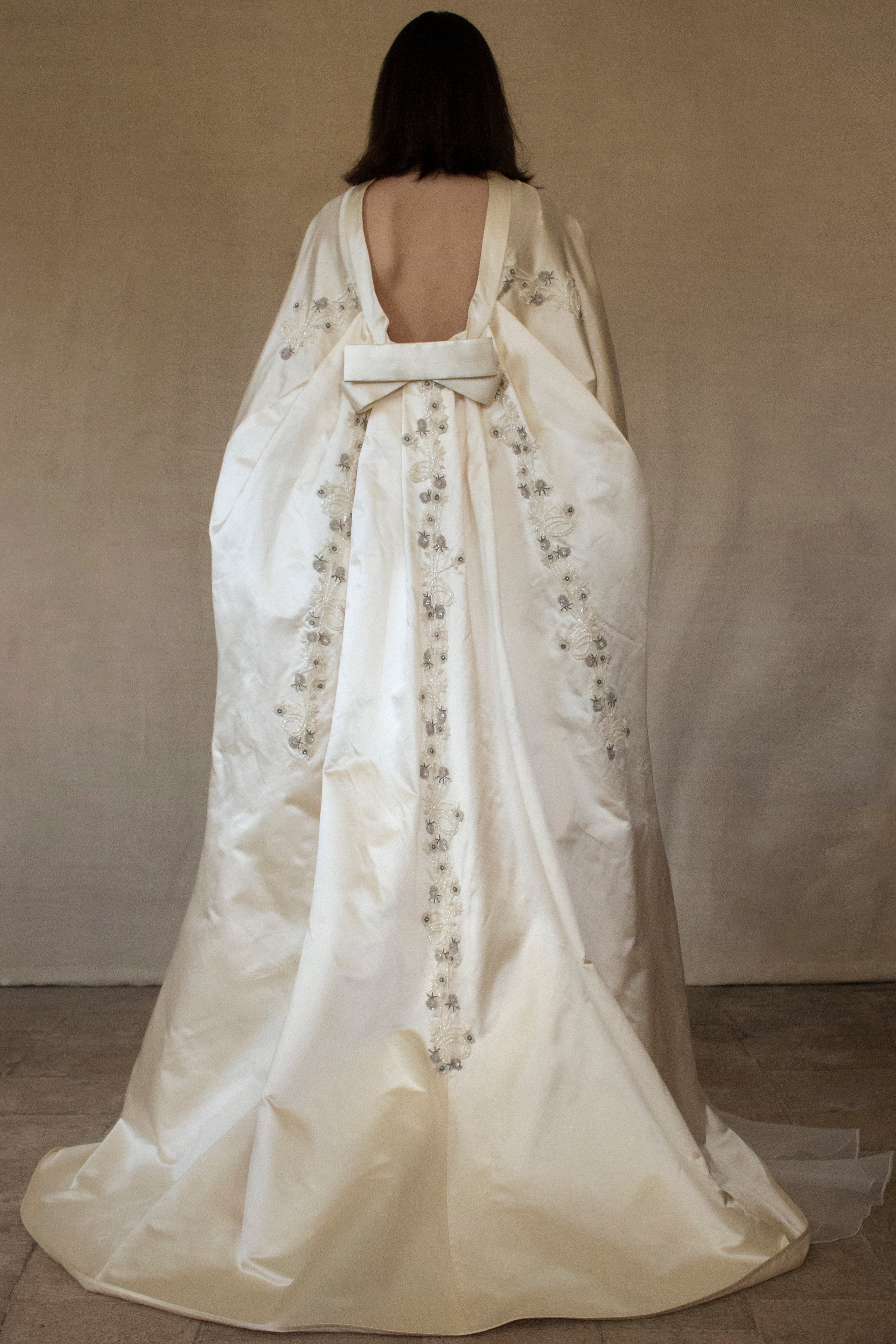 347 - UNIQUE UPCYCLED SILK SATIN WEDDING DRESS: POWDER PINK SLIP GOWN & IVORY CAPE ENSEMBLE, SILVER FLORAL EMBROIDERY, BOHO LUXURY