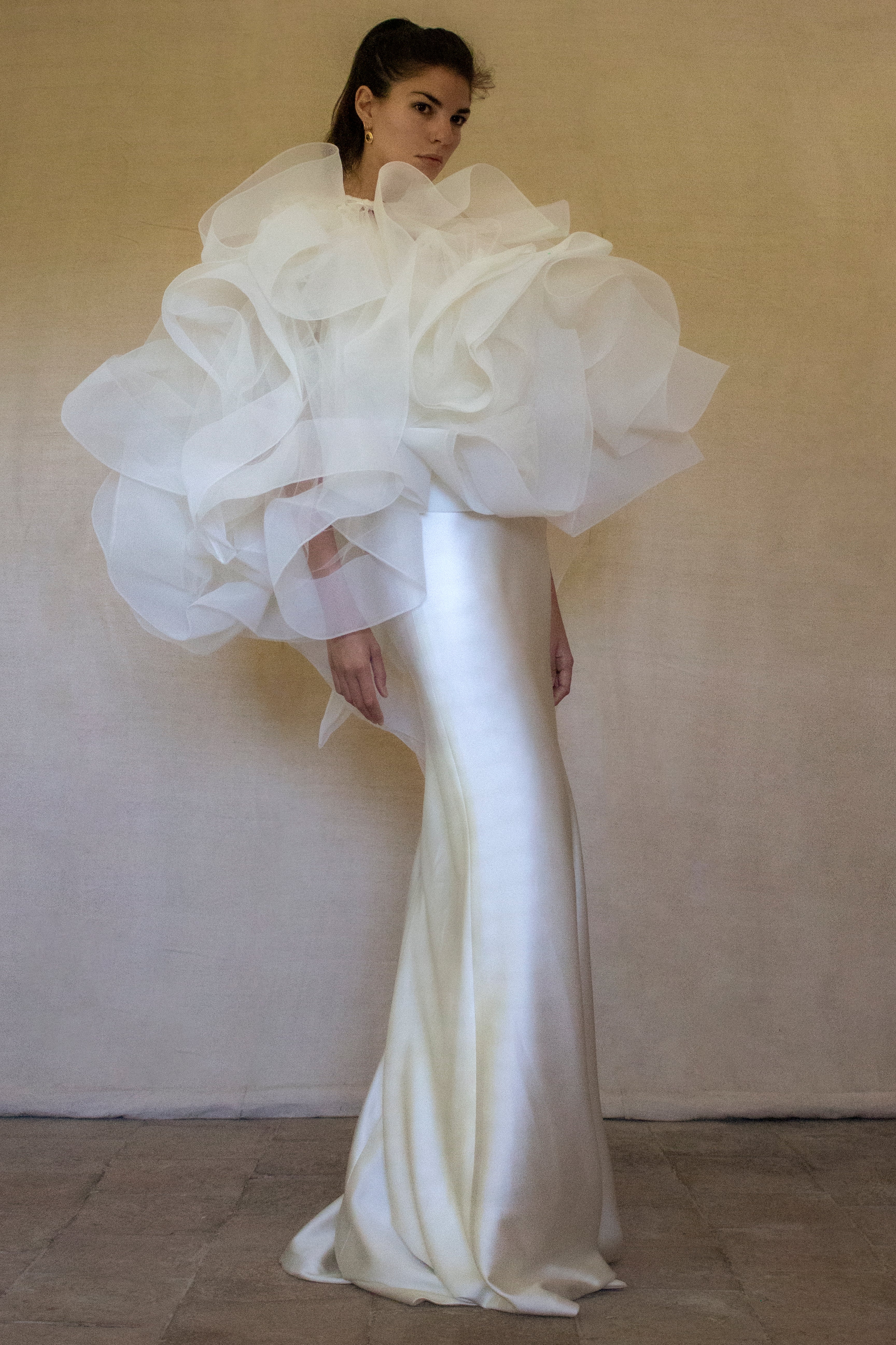 360 - VINTAGE SLIP STYLE WEDDING DRESS: CREAM FLUID SATIN GOWN WITH EMBROIDERED TULLE CAPE