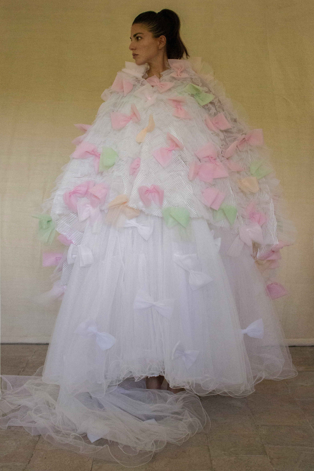 363 - VINTAGE 90s UPCYCLED TULLE 3-PIECE WEDDING DRESS: EMBROIDERED GOWN WITH HANDMADE BOWS AND CAPE