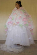 363 - VINTAGE 90s UPCYCLED TULLE 3-PIECE WEDDING DRESS: EMBROIDERED GOWN WITH HANDMADE BOWS AND CAPE