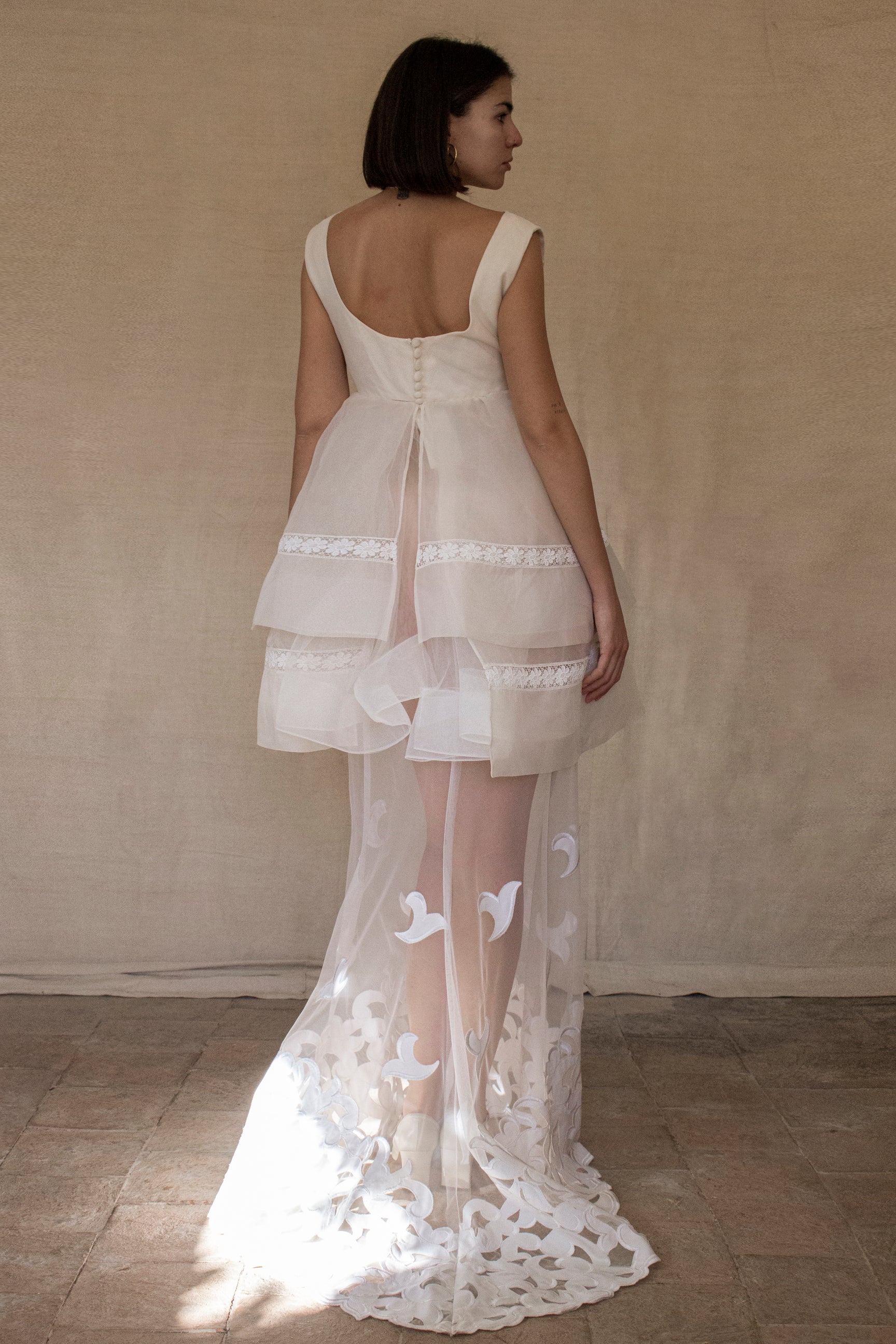 315 - UNIQUE MULTILAYER FLORAL BRIDAL GOWN: 1940S PEPLUM & UPCYCLED MULTI-ERA VINTAGE LACE DRESS