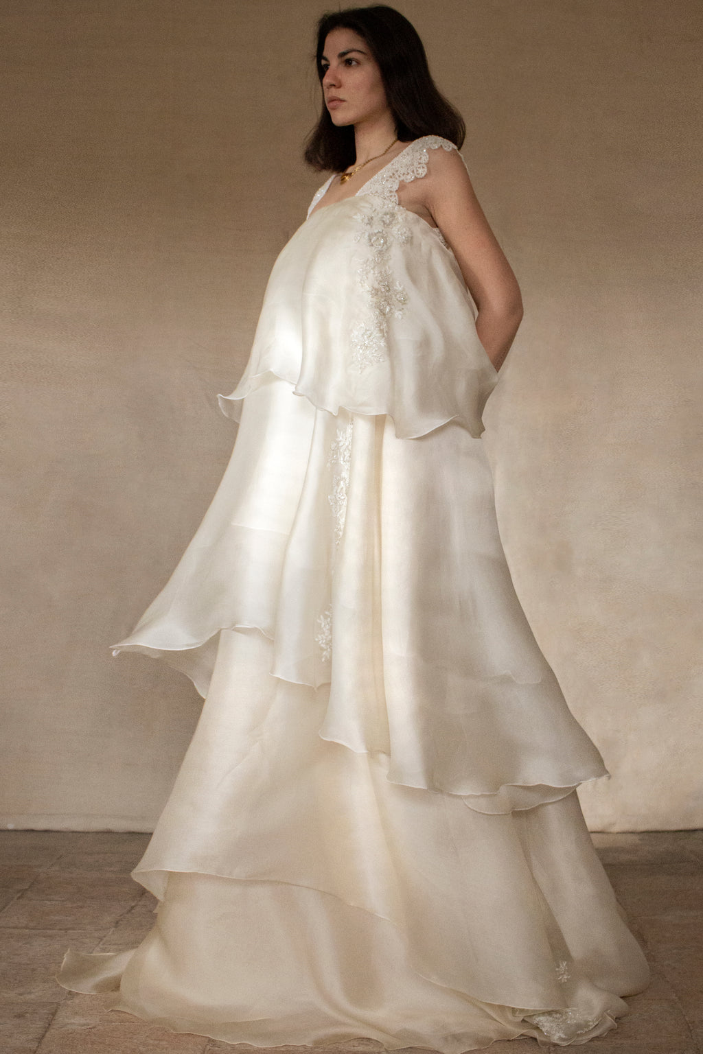 344 - UNIQUE UPCYCLED SILK ORGANZA WEDDING DRESS: PEARL GREY & BRONZE RUFFLED GOWN, SILVER EMBROIDERY, LUXURY SUSTAINABLE BRIDAL DRESS - Vague atelier