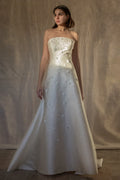 327 - MINIMALIST VINTAGE SILK MIKADO SHEATH: ICE JEWEL EMBROIDERY & FLOWY LONG TRAIN - Vague atelier