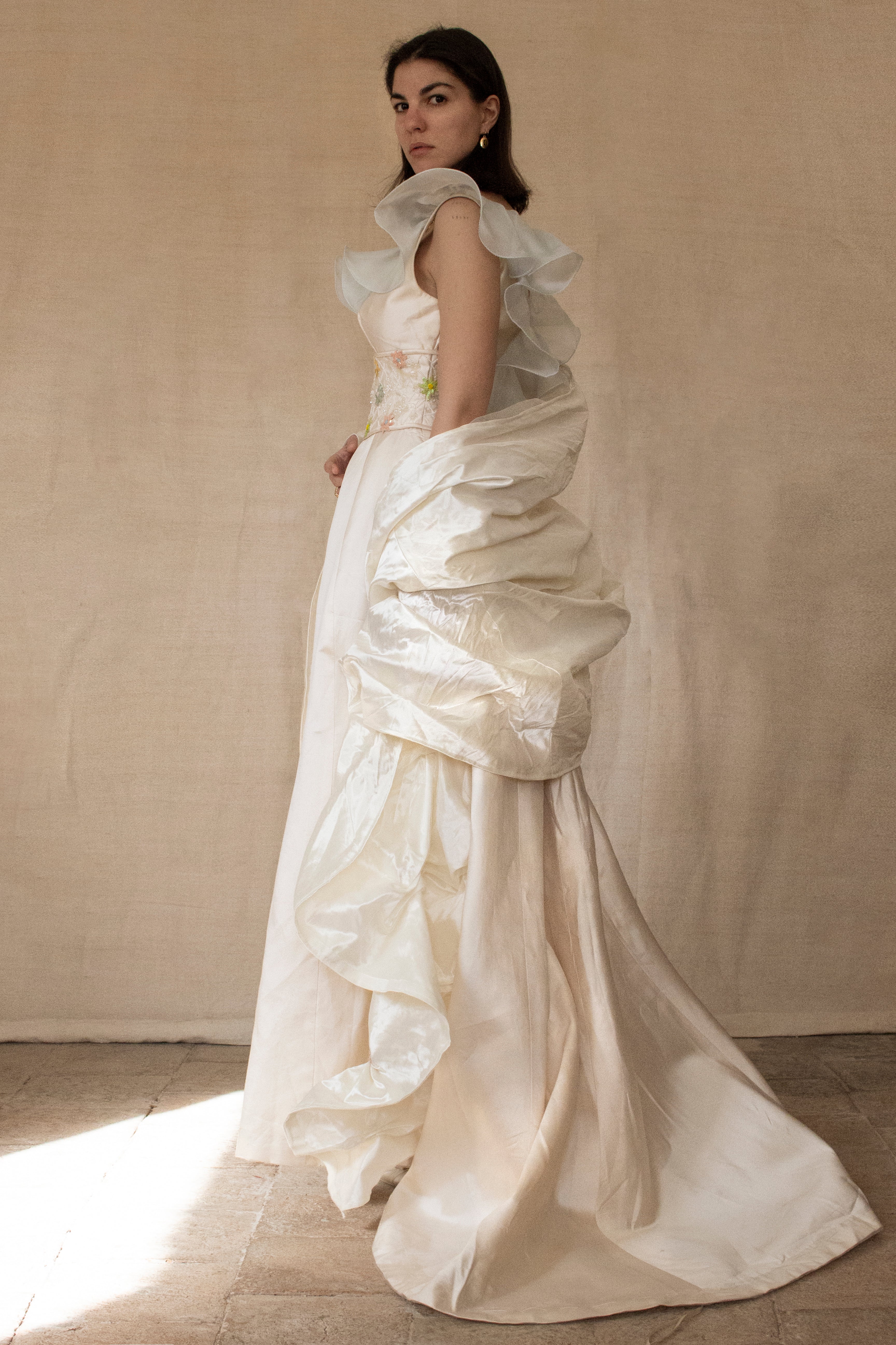 346 - UNIQUE UPCYCLED SILK TAFFETA WEDDING DRESS: PALE PINK MIKADO GOWN WITH MINT RUFFLE, SEQUIN FLORAL EMBROIDERY & MAXI STOLE