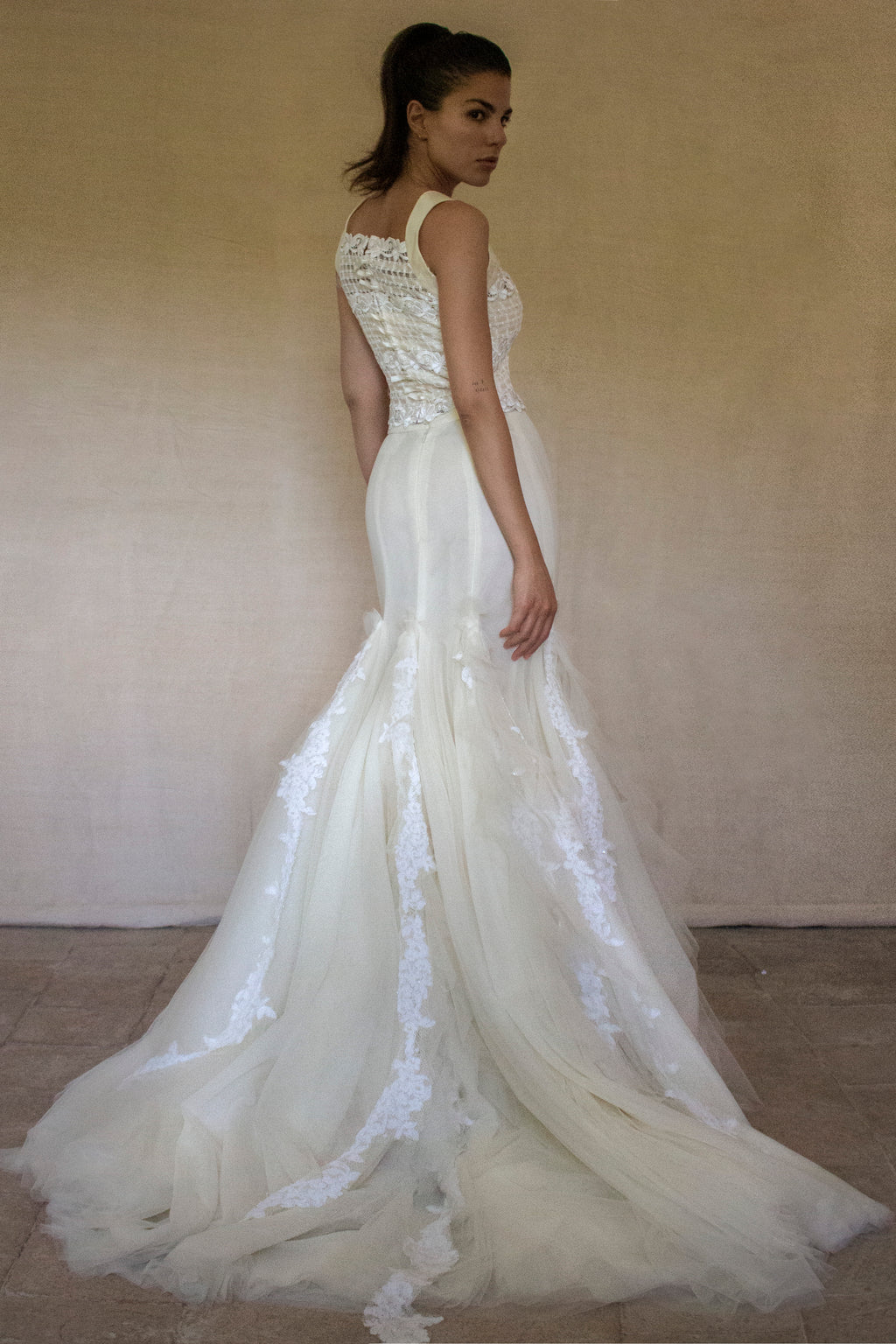 364 - VINTAGE 90s UPCYCLED TULLE AND MACRAME WEDDING DRESS: 2-PIECE ROMANTIC GOWN WITH FLOREAL LACE