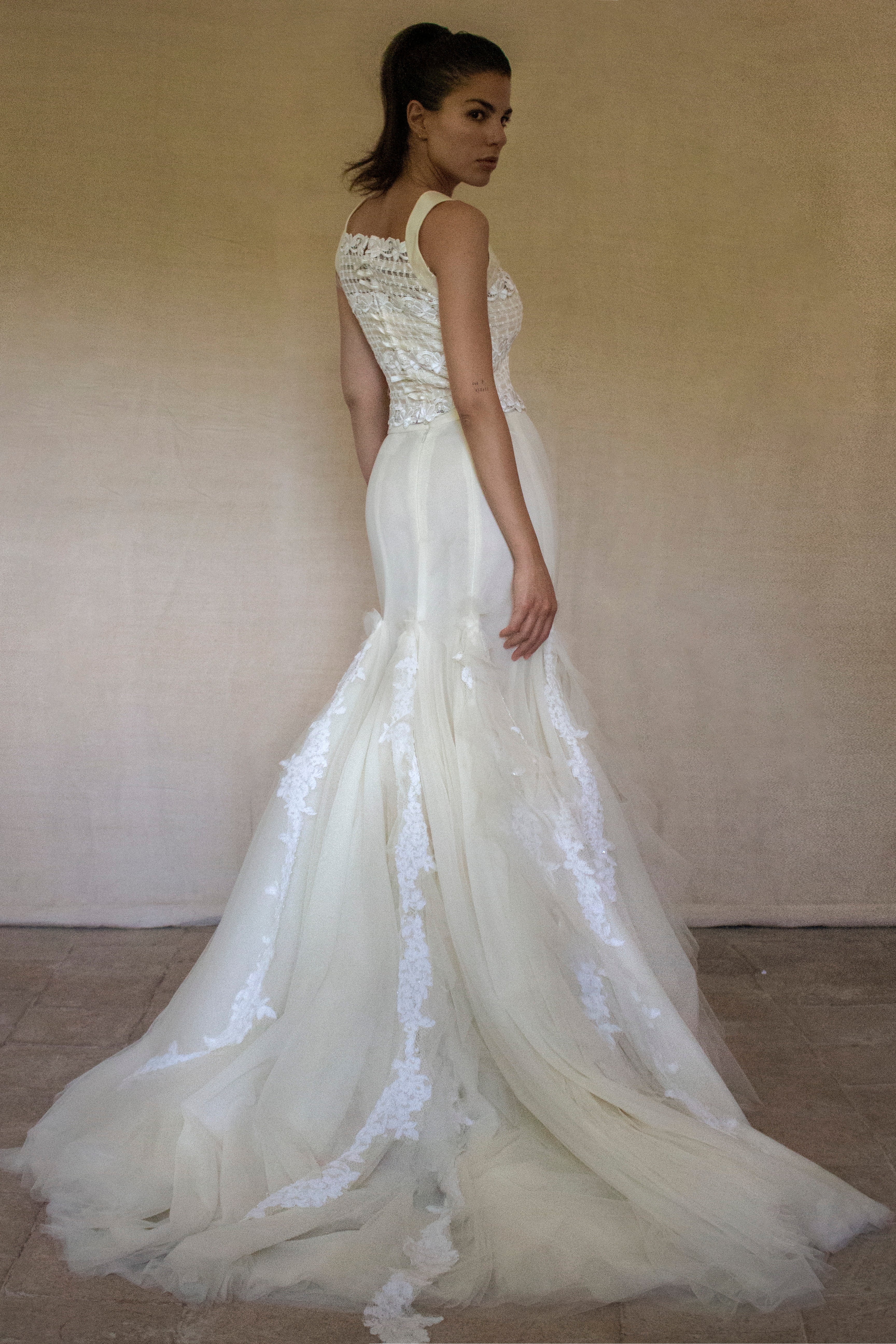 364 - VINTAGE 90s UPCYCLED TULLE AND MACRAME WEDDING DRESS: 2-PIECE ROMANTIC GOWN WITH FLOREAL LACE