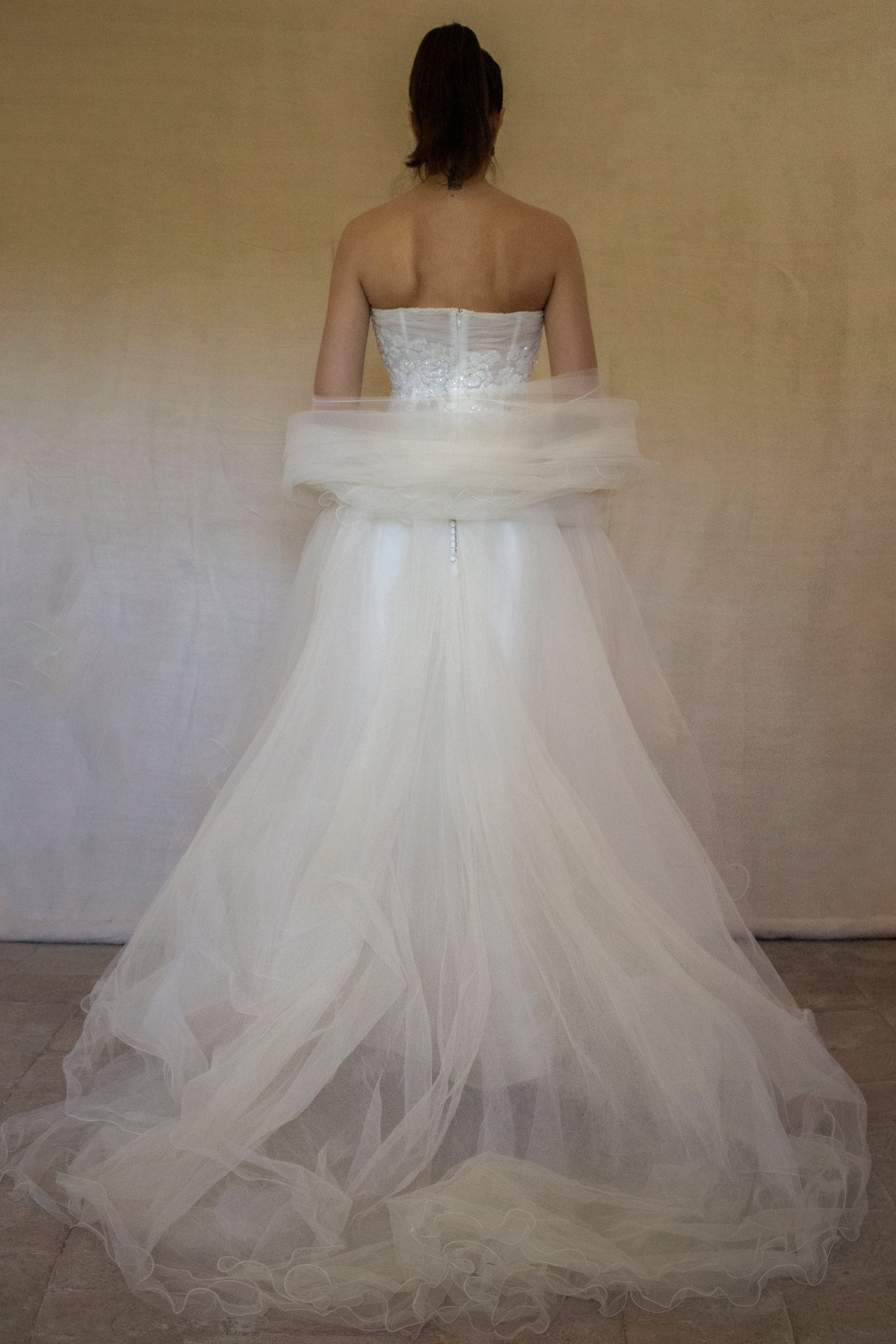 361 - VINTAGE PRINCESS WEDDING DRESS: ECRU SILK TULLE GOWN WITH EMBROIDERED STRAPLESS BODICE