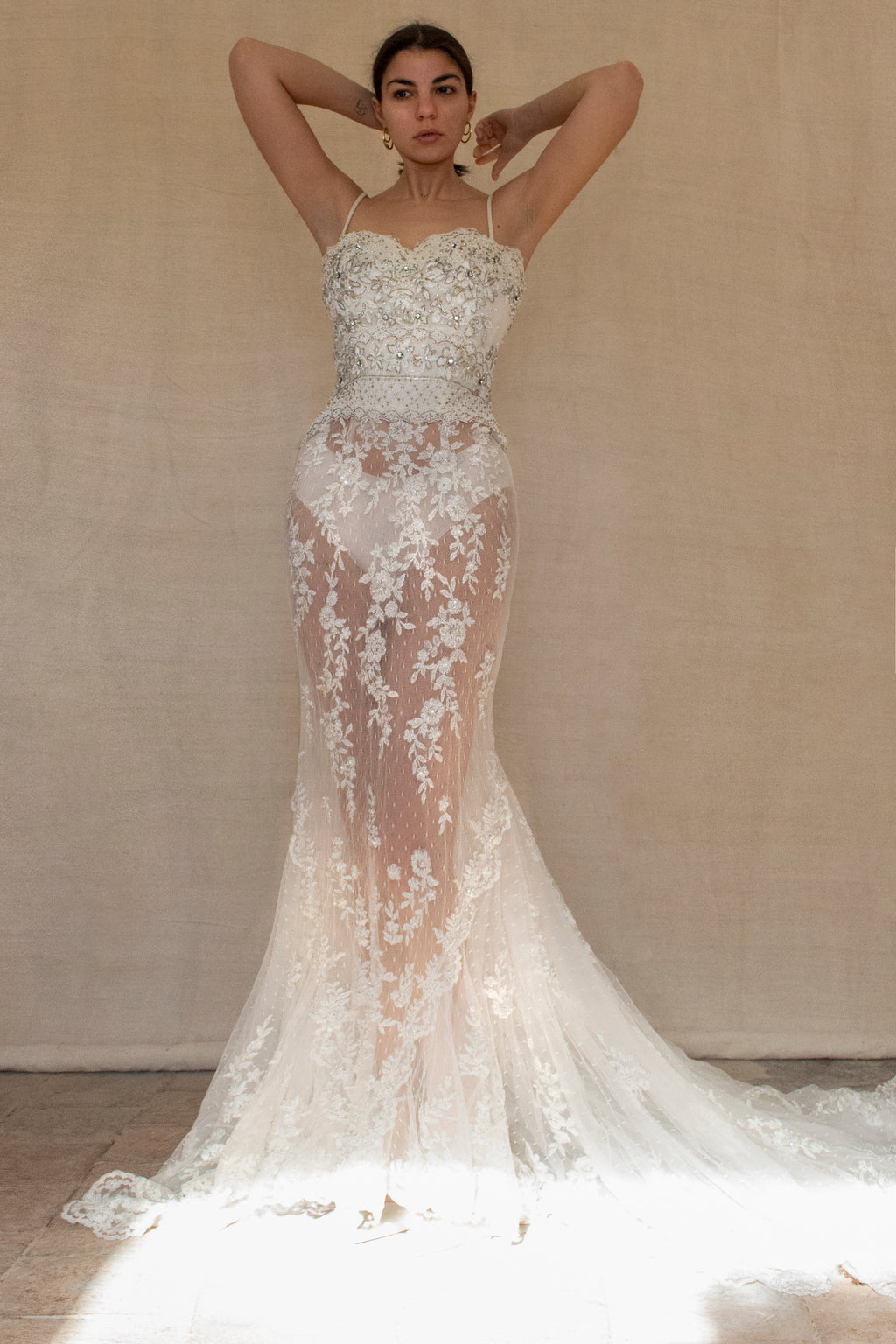 239 - VINTAGE OFF-WHITE MERMAID SWAROVSKI WEDDING DRESS: GOWN WITH NUDE POLKA DOT TULLE & SILVER FLORAL EMBROIDERY