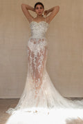 239 - VINTAGE OFF-WHITE MERMAID SWAROVSKI WEDDING DRESS: GOWN WITH NUDE POLKA DOT TULLE & SILVER FLORAL EMBROIDERY