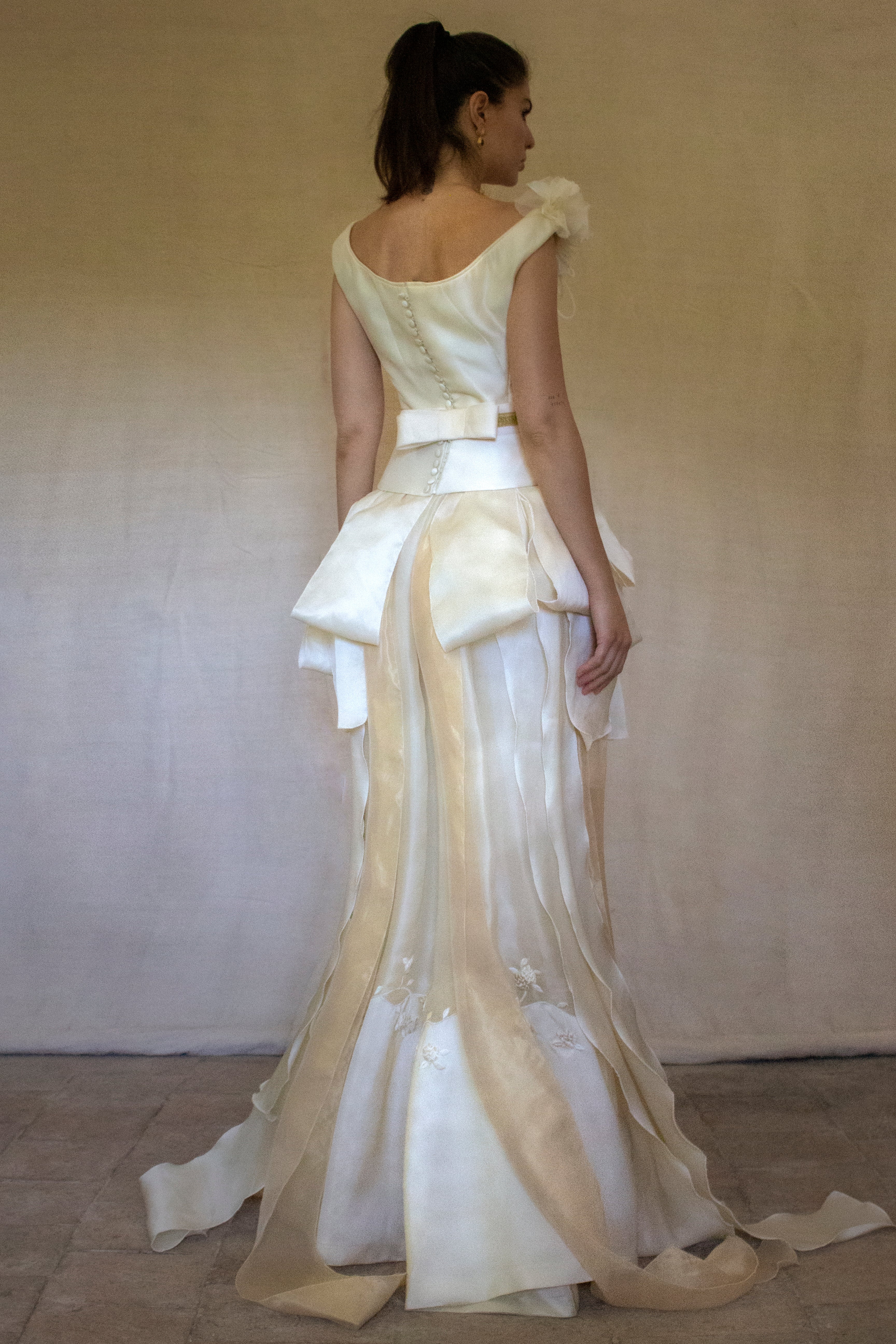 357 - VINTAGE 90s UPCYCLED SILK ORGANZA WEDDING DRESS: EMBROIDERED GOWN WITH HANDMADE FRINGE