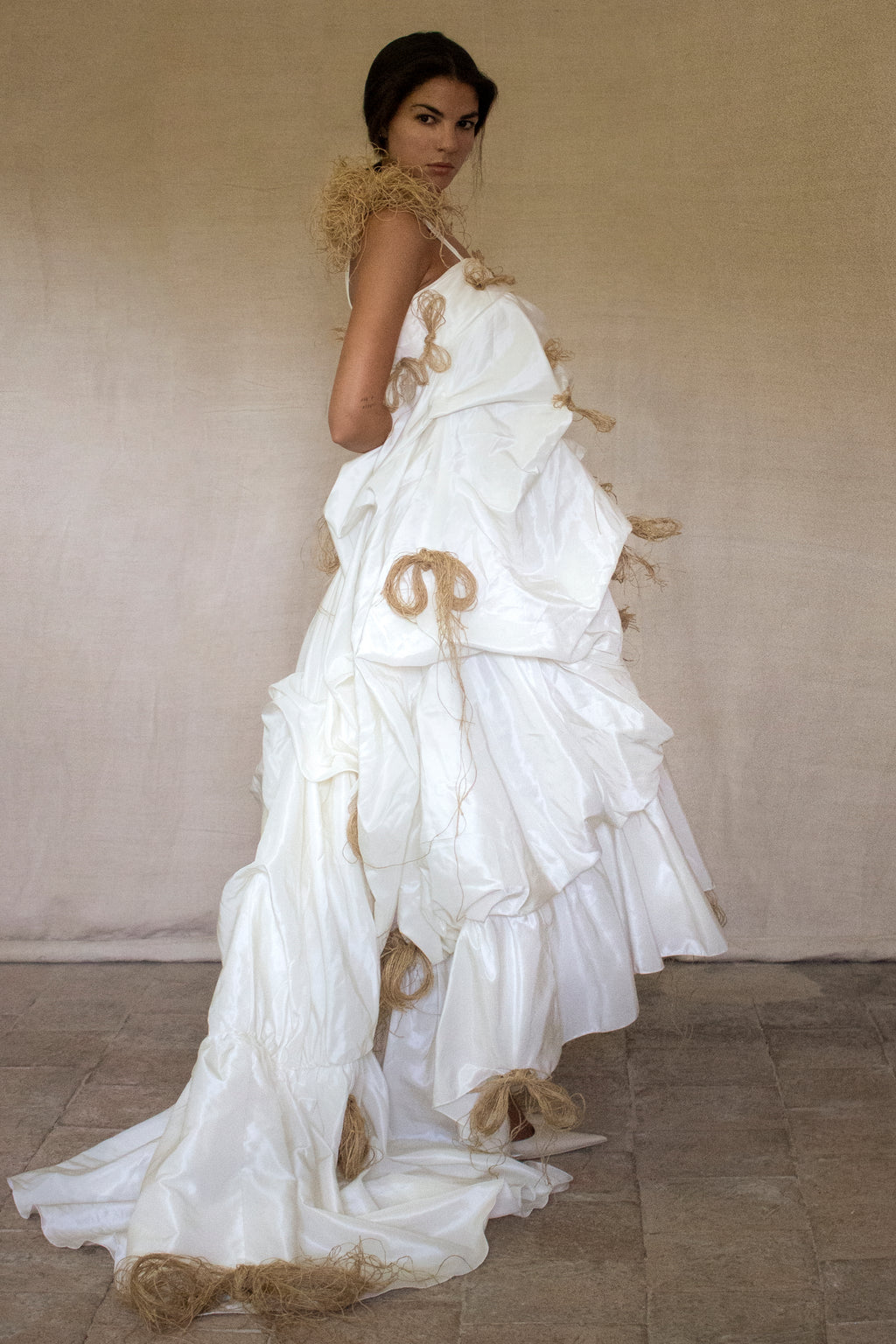 Vintage Ivory Taffeta Wedding Dress | Hemp Bows Gown - 374