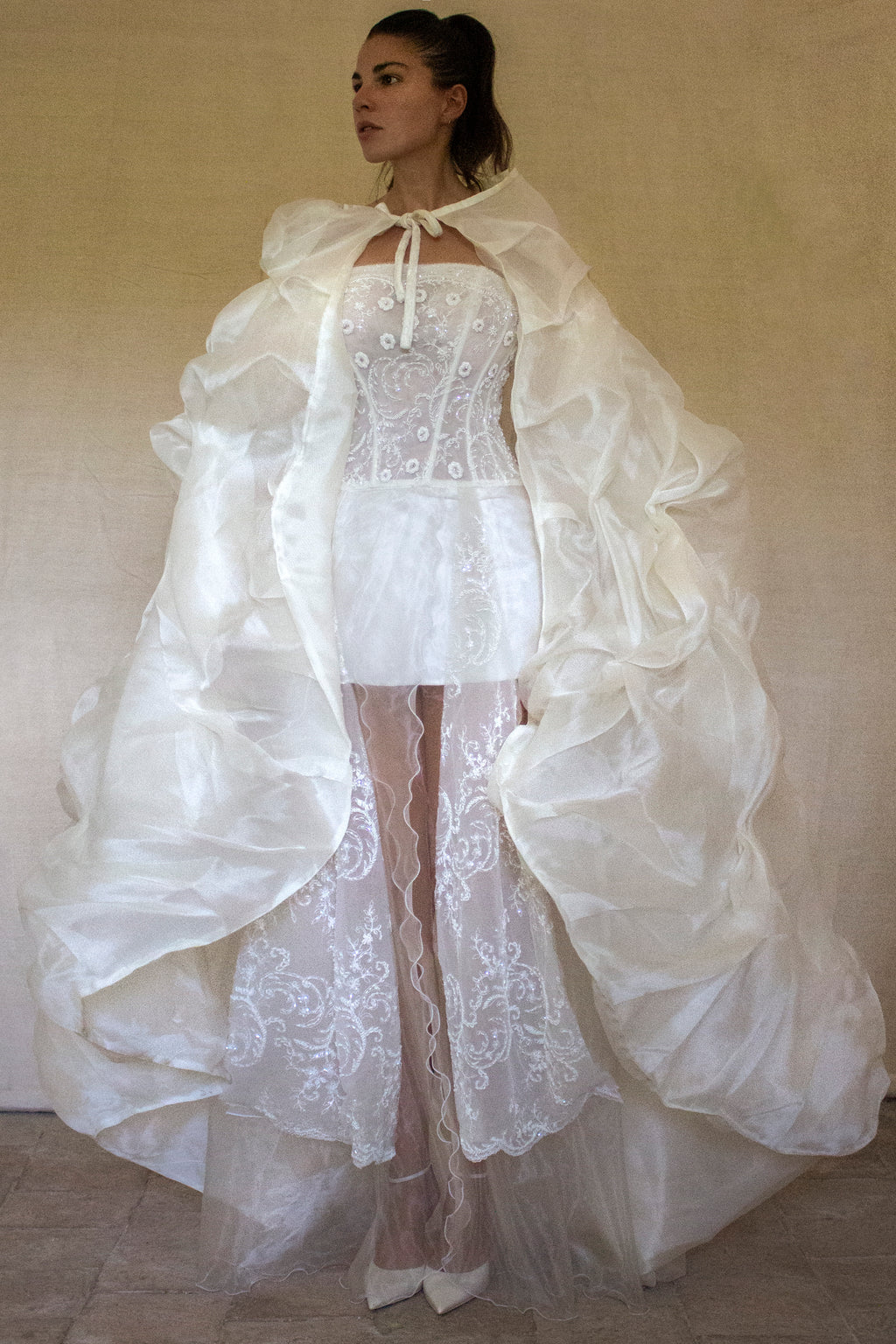365 - VINTAGE 90s UPCYCLED EMBROIDERED WEDDING DRESS: STRAPLESS WRAP GOWN WITH IRIDESCENT DRAMA CAPE