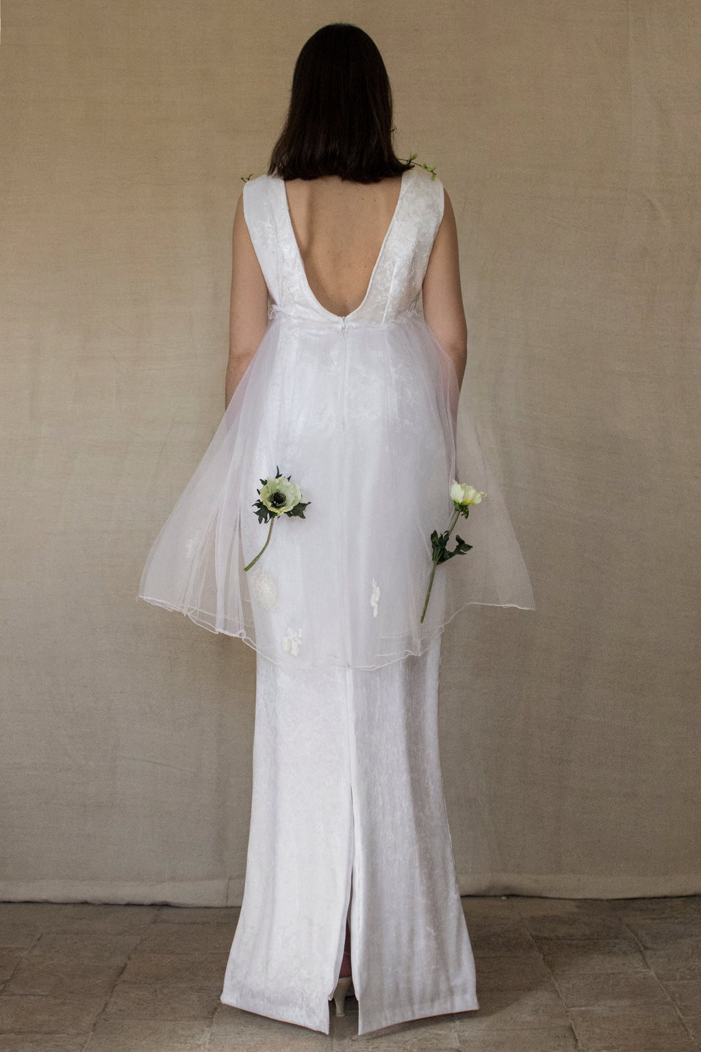 350 - UNIQUE VINTAGE UPCYCLED WEDDING DRESS: PEARL GREY VELVET SHEATH WITH TUTU & MAXI EMBROIDERED BRIDAL CAPE, SPRING BOHO STYLE - Vague atelier