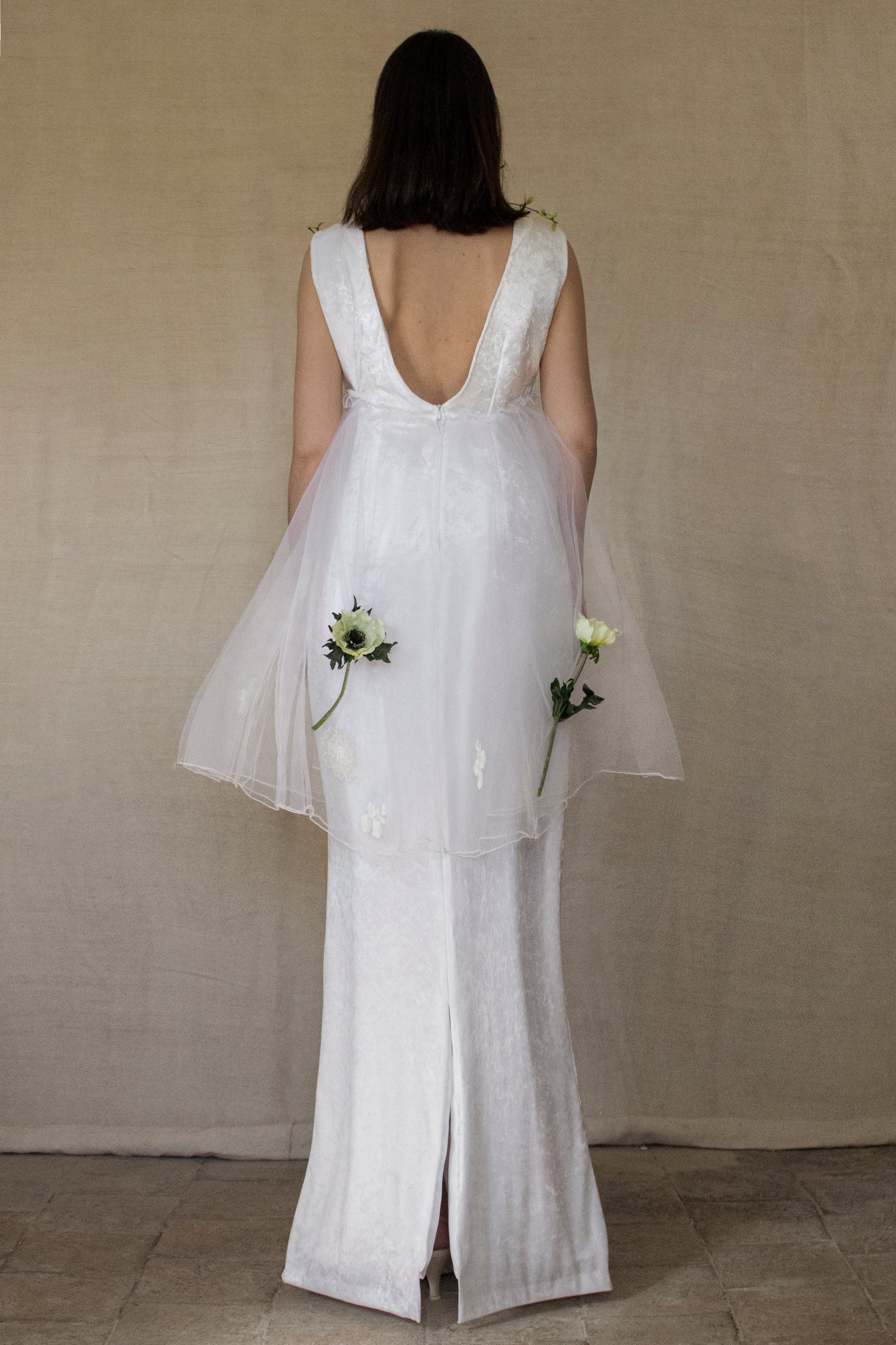 350 - UNIQUE VINTAGE UPCYCLED WEDDING DRESS: PEARL GREY VELVET SHEATH WITH TUTU & MAXI EMBROIDERED BRIDAL CAPE, SPRING BOHO STYLE - Vague atelier