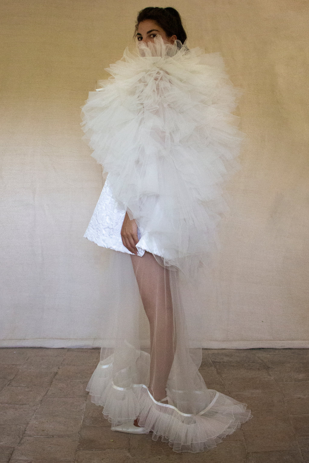 Vintage 90s Mini Wedding Dress | Damask Bridal Dress with Cape & Bow - 368