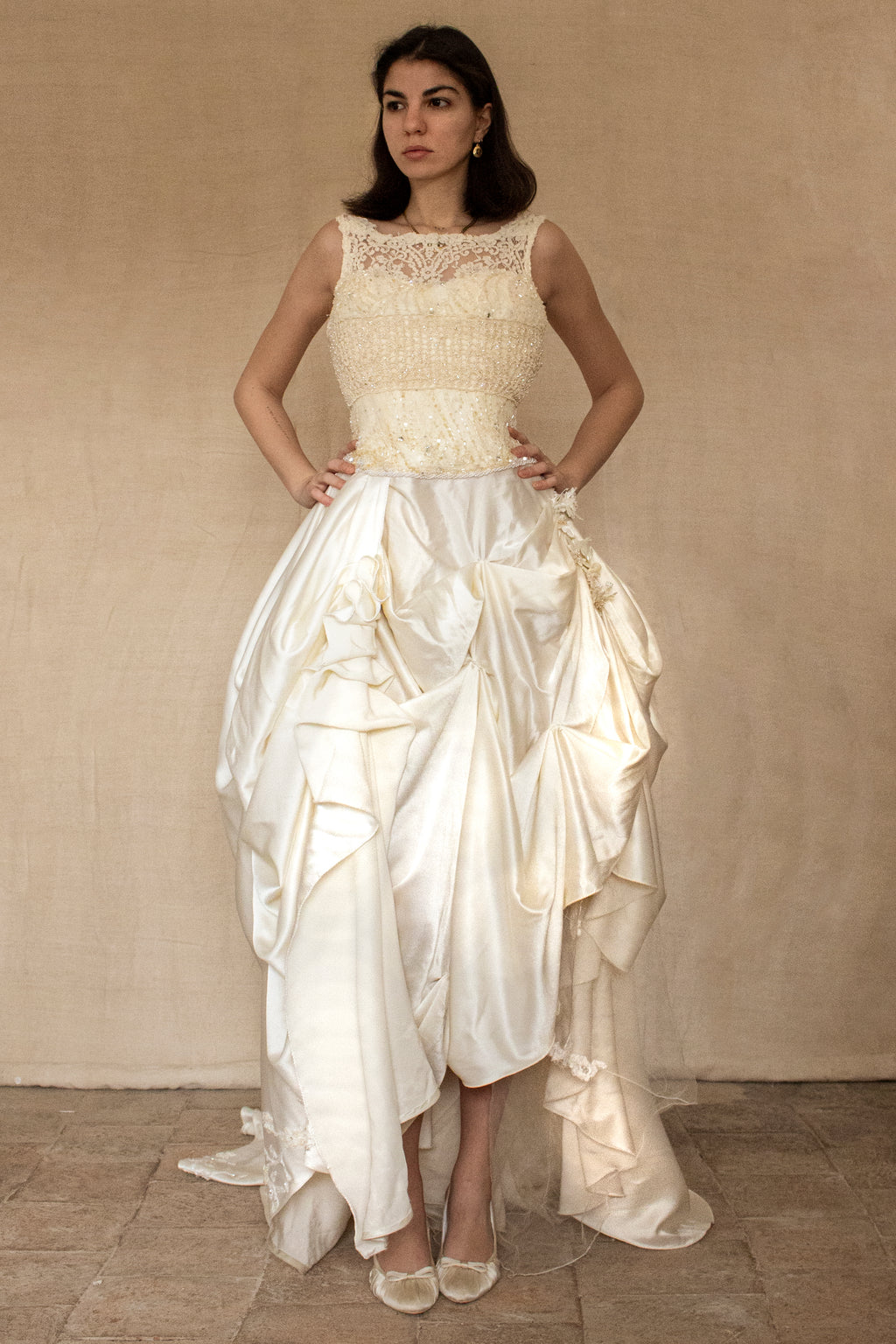 337 - IVORY CHAMPAGNE UPCYCLED COUTURE WEDDING DRESS: MIXED VINTAGE SILKS WITH HAND-EMBROIDERED LACE & FLORAL RAMAGE - Vague atelier