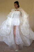 365 - VINTAGE 90s UPCYCLED EMBROIDERED WEDDING DRESS: STRAPLESS WRAP GOWN WITH IRIDESCENT DRAMA CAPE