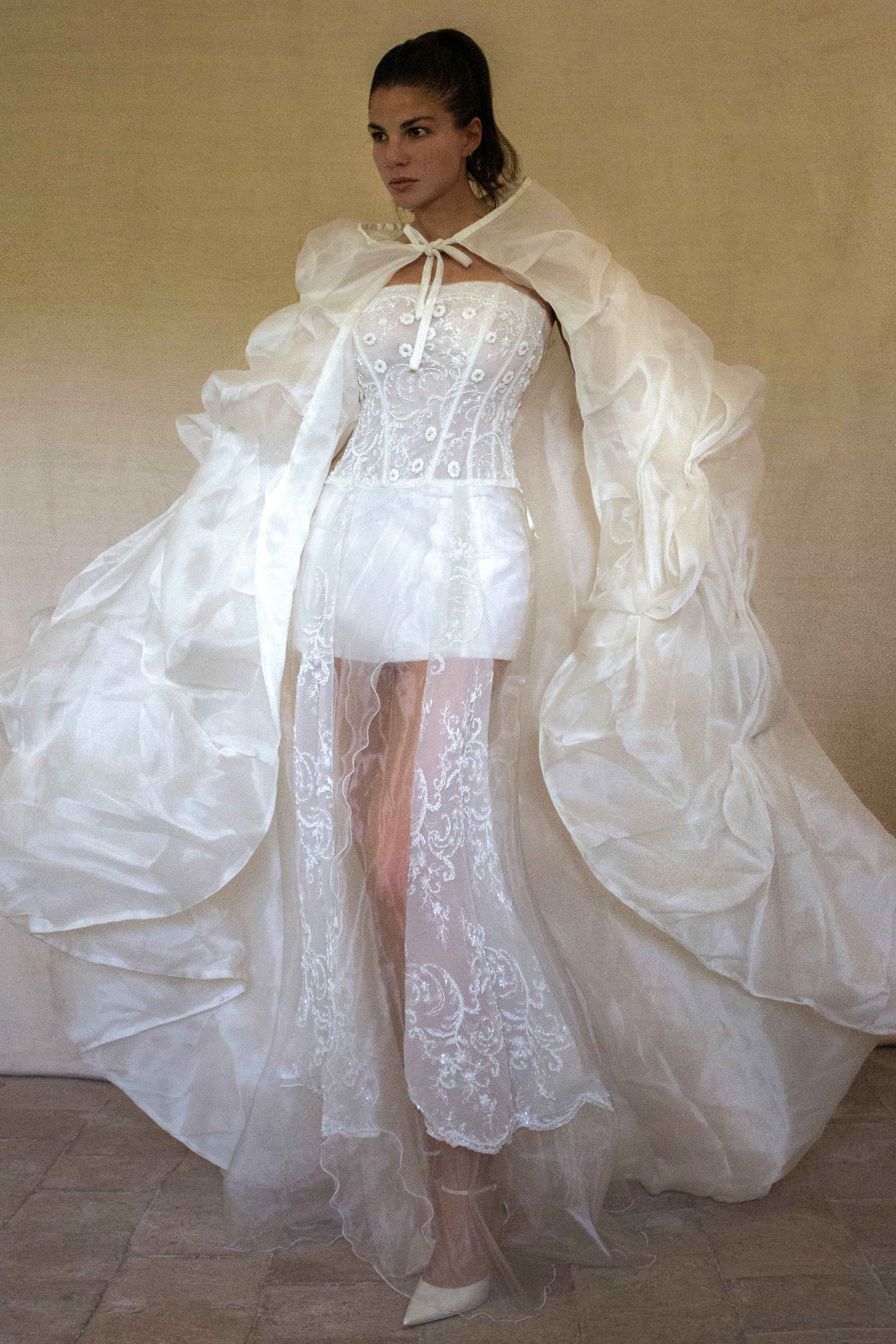 365 - VINTAGE 90s UPCYCLED EMBROIDERED WEDDING DRESS: STRAPLESS WRAP GOWN WITH IRIDESCENT DRAMA CAPE