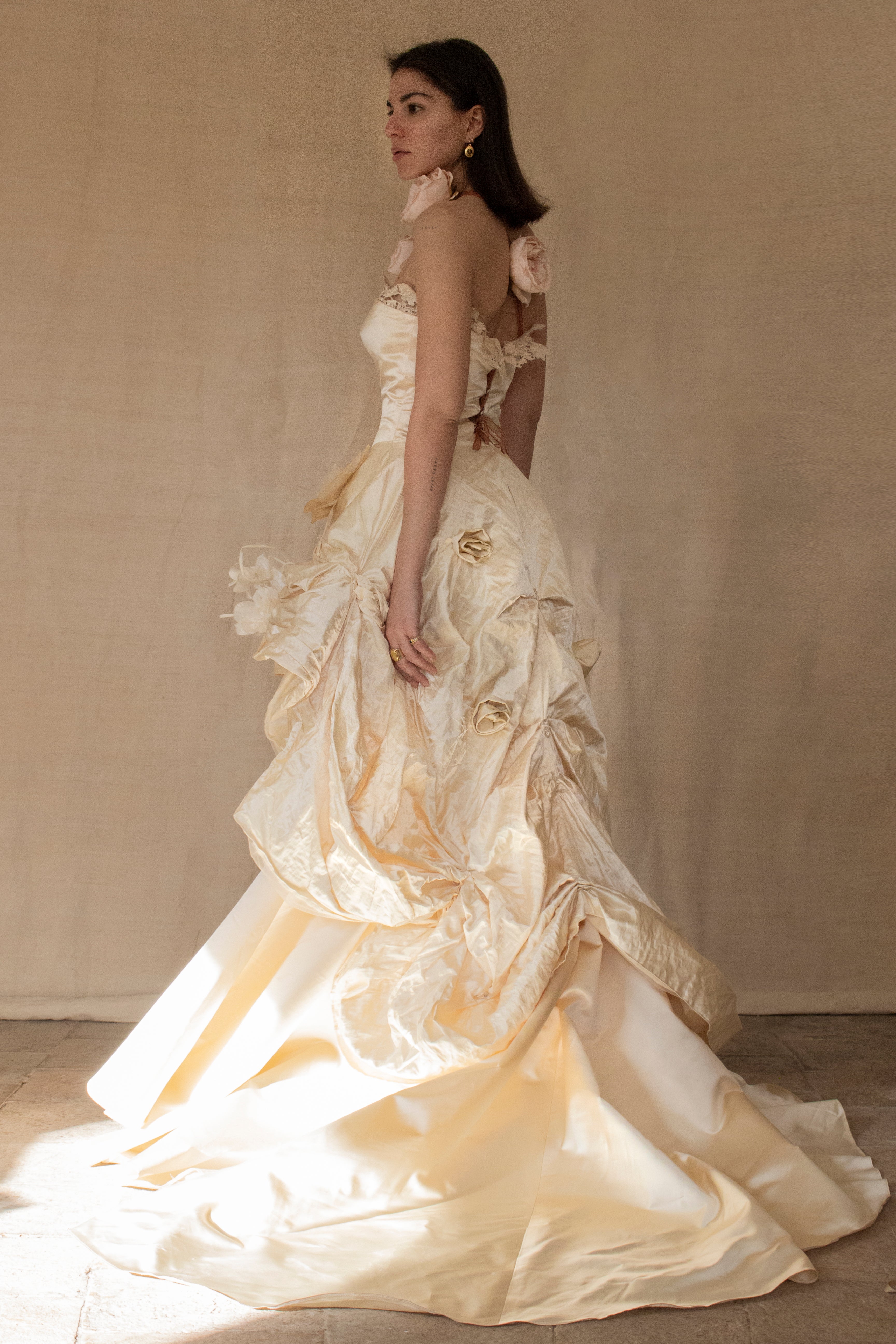 348 - UNIQUE UPCYCLED SILK MERMAID WEDDING DRESS: 90S CREAM TAFFETA GOWN WITH PINK PEONIES, EMBOSSED FLORAL DETAILS & BOHO ROMANTIC STYLE