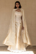 334 - IVORY SILK MIKADO VINTAGE WEDDING DRESS: COLUMN GOWN WITH EMBROIDERED CAPE & CRYSTALS - Vague atelier