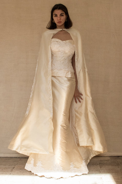 334 - IVORY SILK MIKADO VINTAGE WEDDING DRESS: COLUMN GOWN WITH EMBROIDERED CAPE & CRYSTALS - Vague atelier