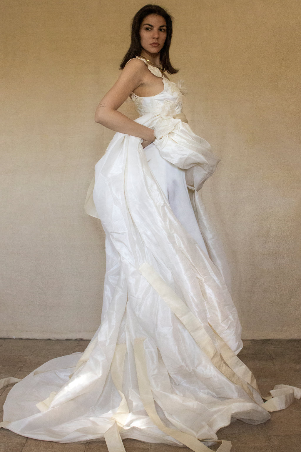 353 - UNIQUE 60S VINTAGE EMPIRE WEDDING DRESS: ICE SATIN GOWN WITH ECRU EMBROIDERY & 80S SILK TAFFETA DETACHABLE TRAIN