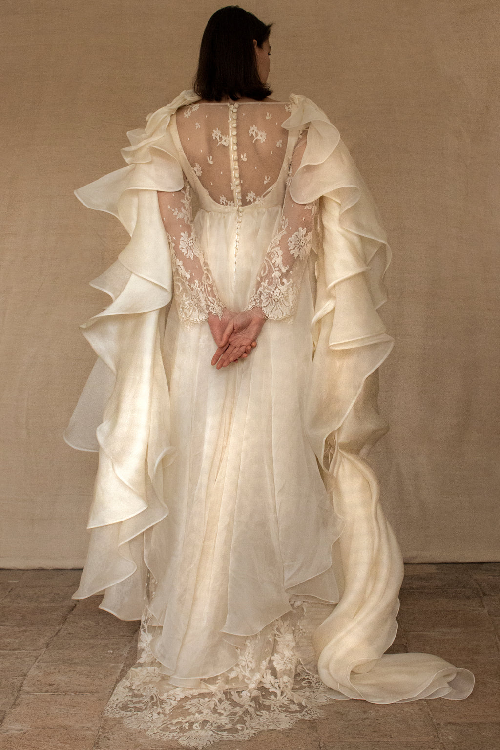 340 - OFF-WHITE SILK ORGANZA & ECRU LACE UPCYCLED WEDDING DRESS: UNIQUE EMPIRE GOWN WITH PLEATED WINGS