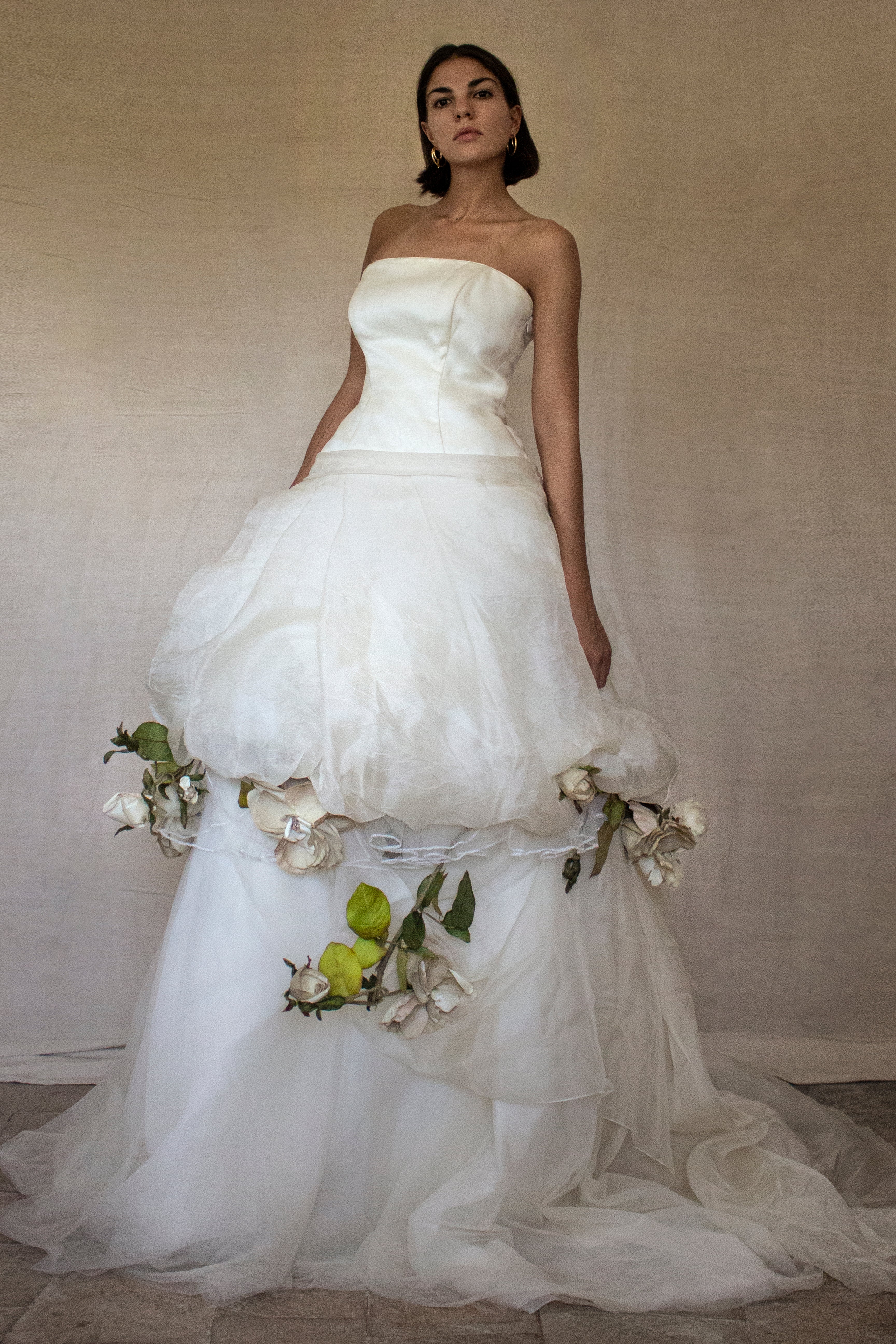 302 - ROMANTIC COUTURE IVORY CRINKLE SILK GOWN: OFF-THE-SHOULDER BALLOON SKIRT WITH MAXI FLORAL RAMAGE