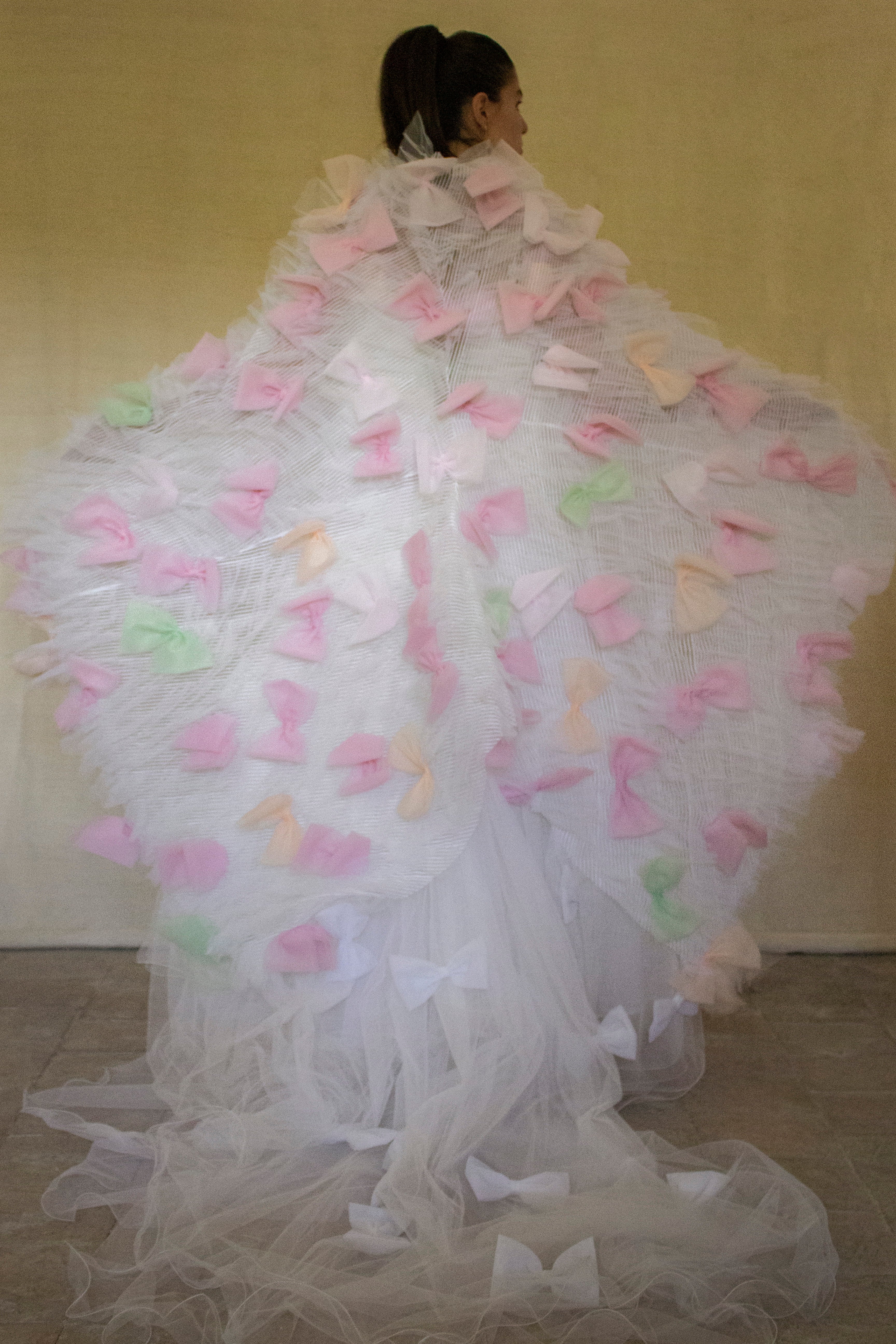363 - VINTAGE 90s UPCYCLED TULLE 3-PIECE WEDDING DRESS: EMBROIDERED GOWN WITH HANDMADE BOWS AND CAPE