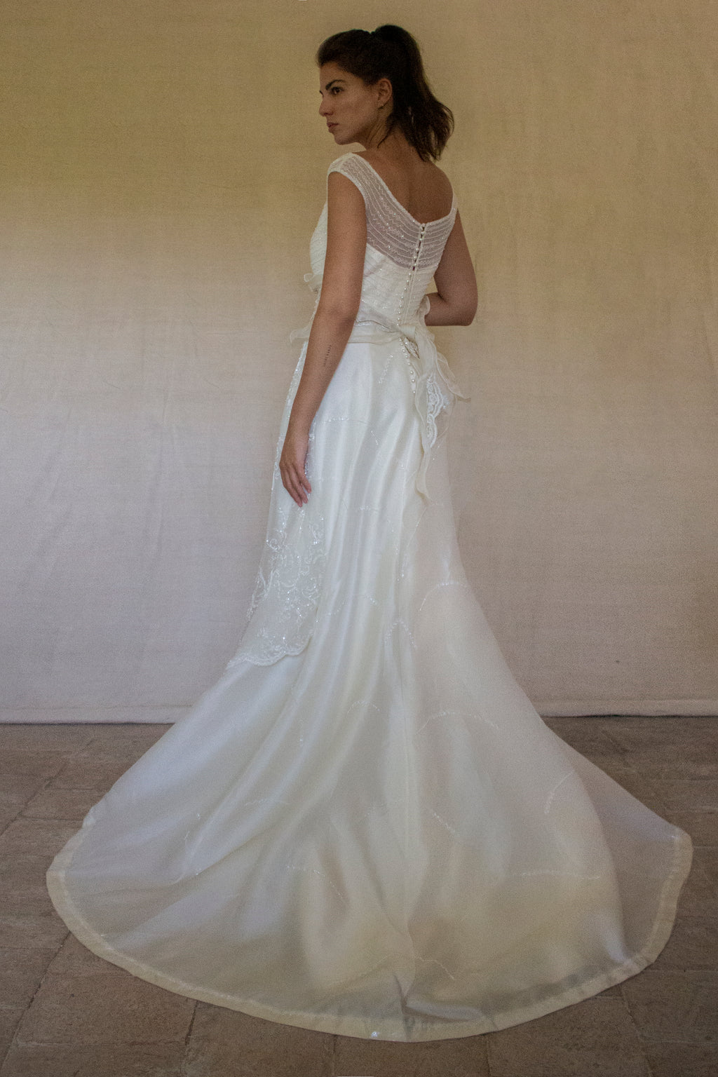 Vintage 90s A-Line Wedding Dress | Embroidered Silk Organza Bridal Gown - 367