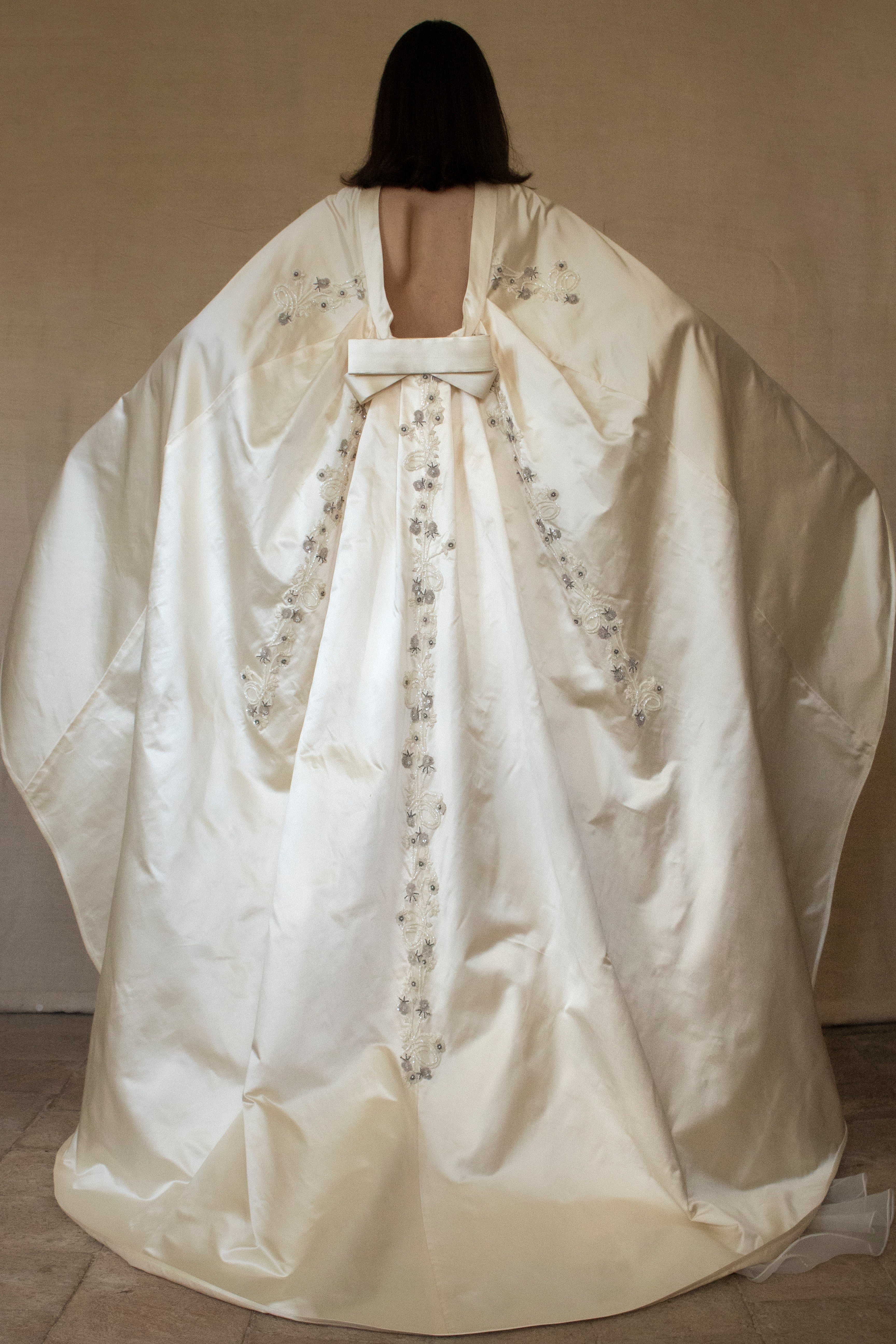 347 - UNIQUE UPCYCLED SILK SATIN WEDDING DRESS: POWDER PINK SLIP GOWN & IVORY CAPE ENSEMBLE, SILVER FLORAL EMBROIDERY, BOHO LUXURY