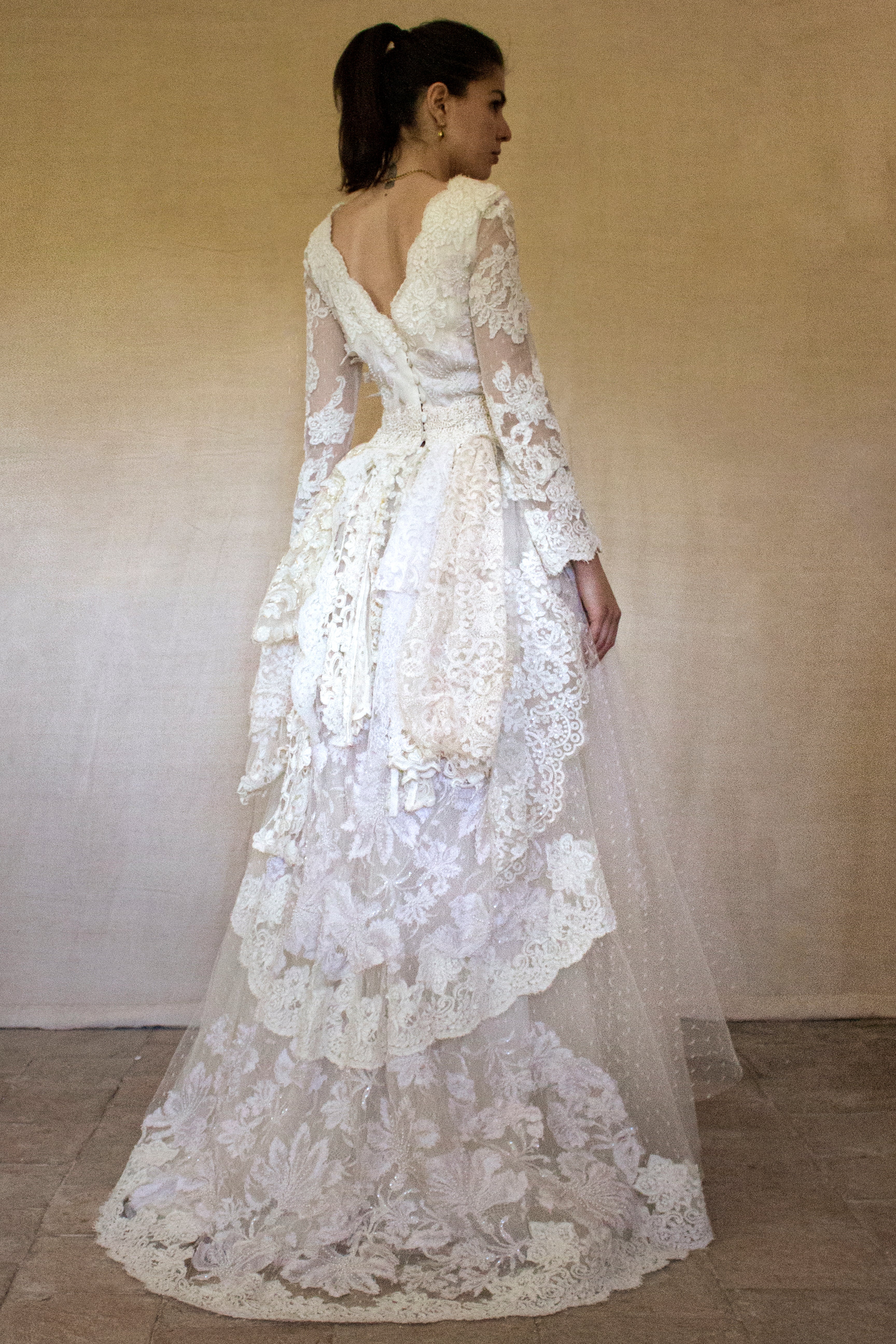 356 - VINTAGE 90s UPCYCLED LACE WEDDING DRESS: IVORY GOWN WITH POLKA DOT TULLE & ANTIQUE MACRAME DETAILS - Vague atelier